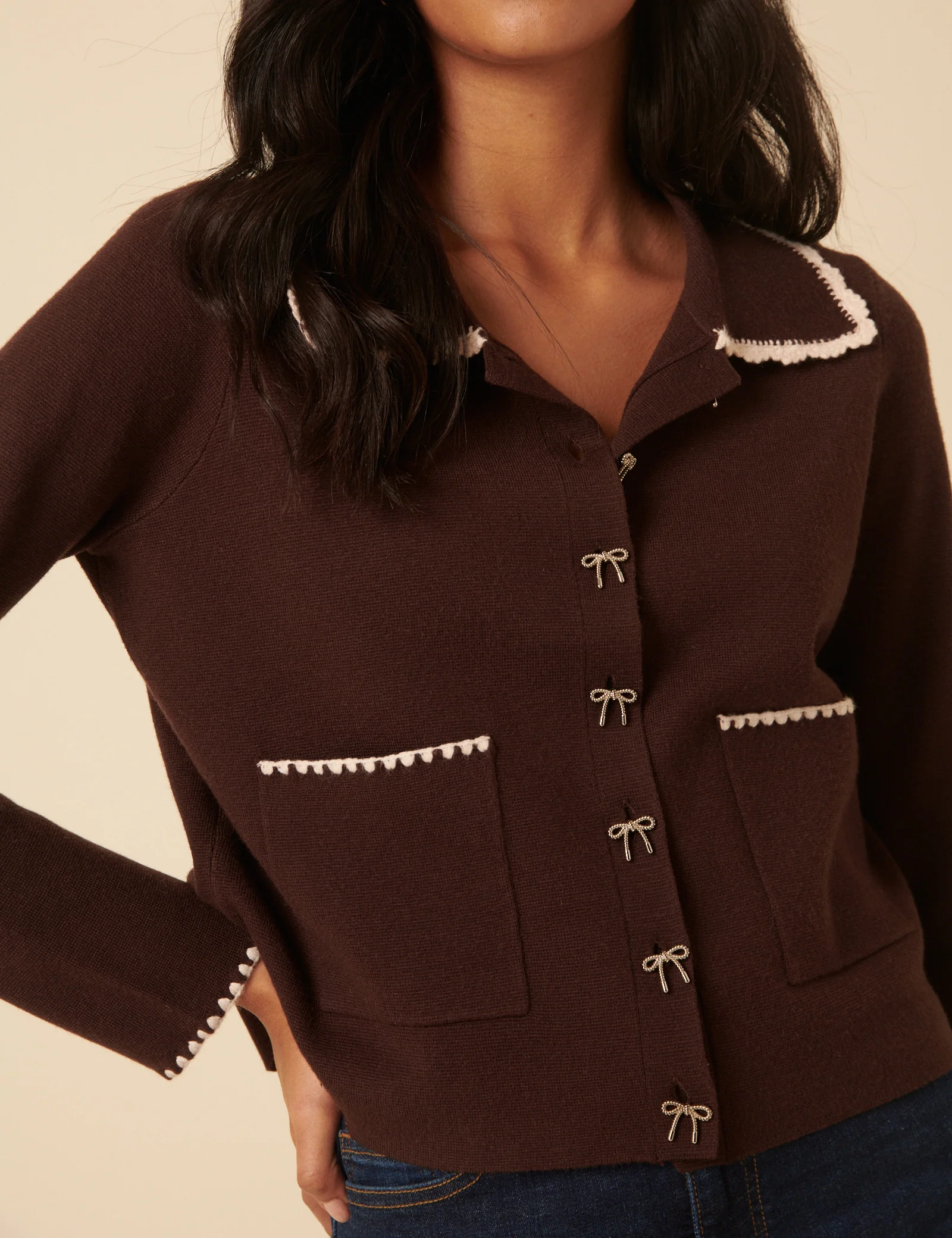 Brown Crochet Collar Bow Button Cardigan - Image 2