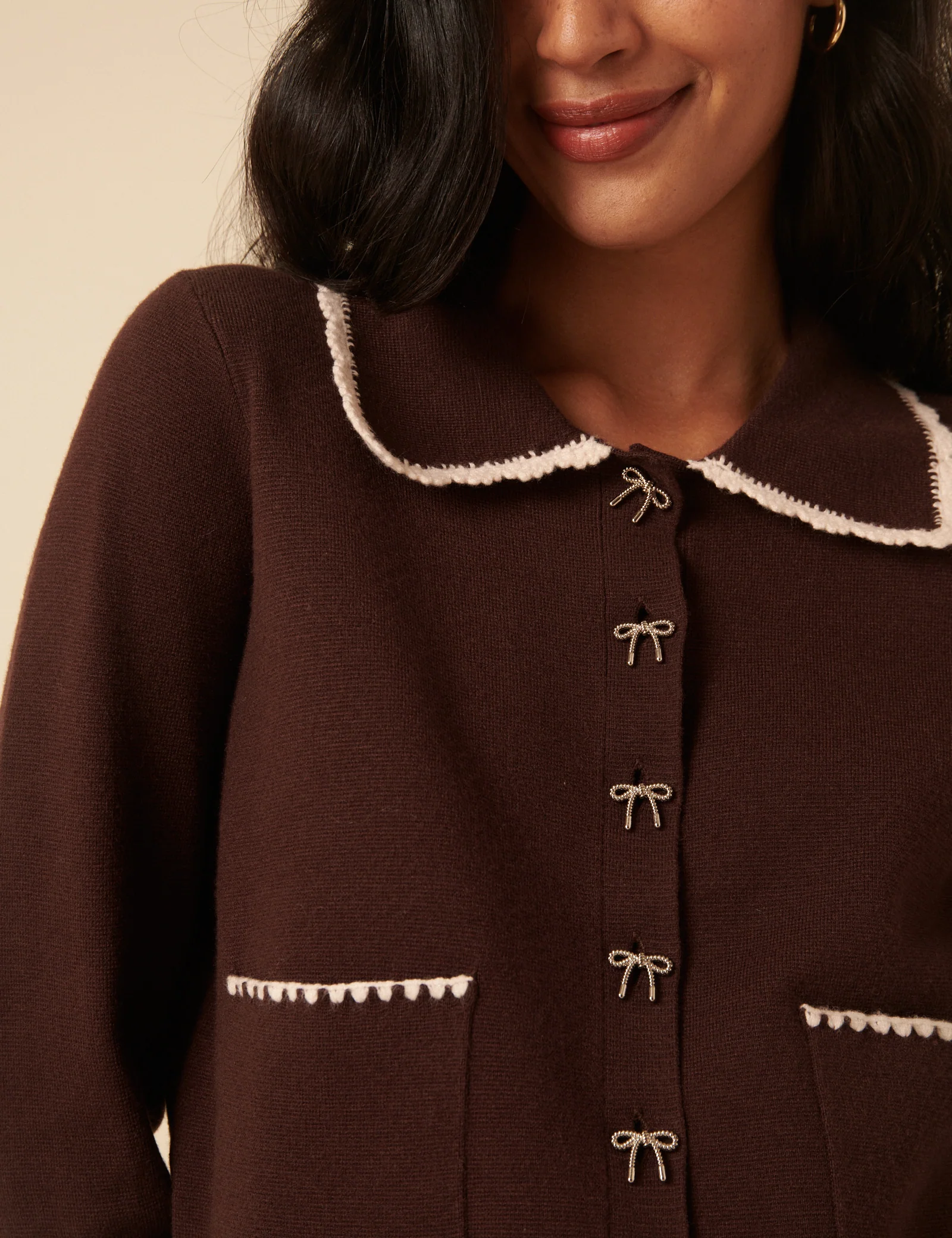 Brown Crochet Collar Bow Button Cardigan - Image 4