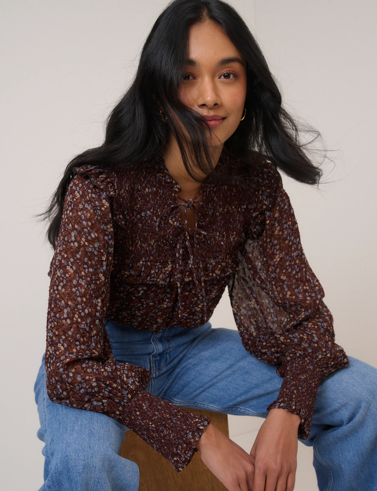 Brown Ditsy Floral Balloon Sleeve Blouse - Image 4