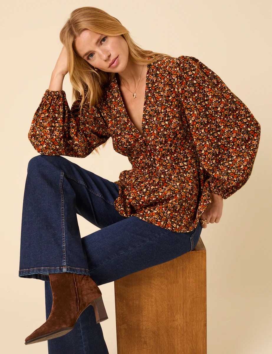 Brown Ditsy Floral Long Sleeve Starlight Top - Image 3