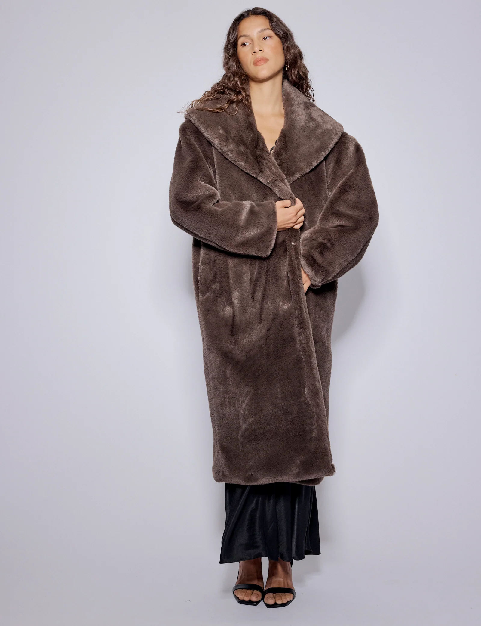 Brown Faux Fur Collared Longline Jacket