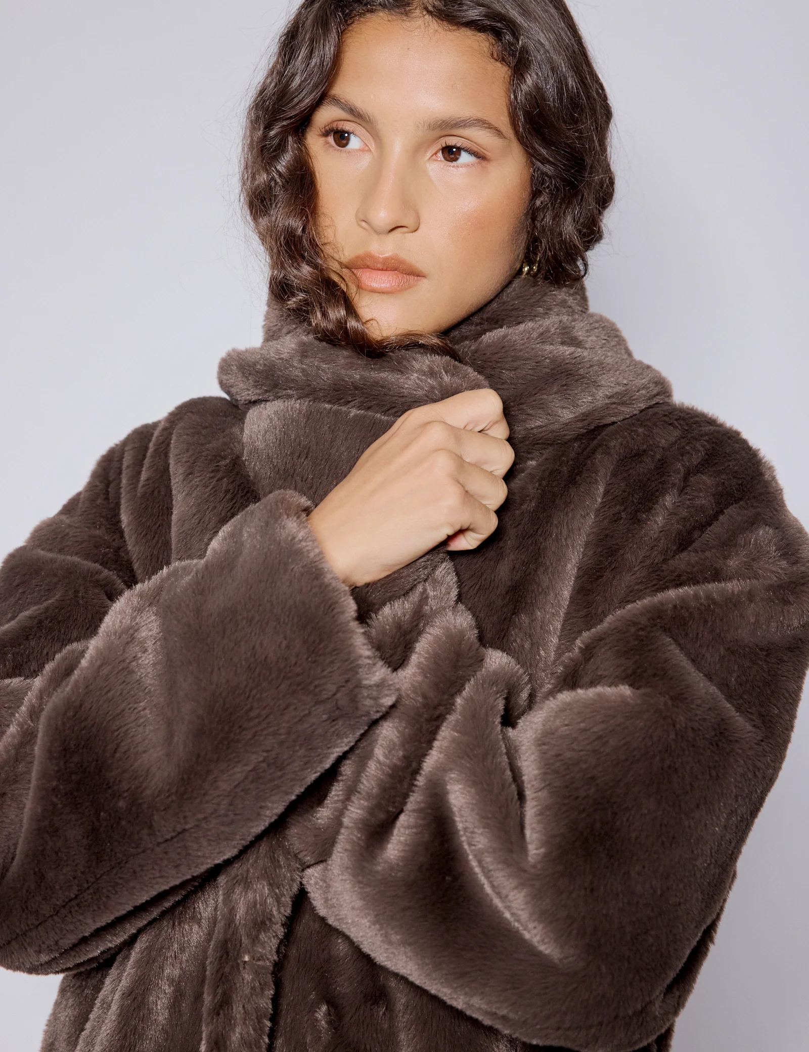 Brown Faux Fur Collared Longline Jacket - Image 2