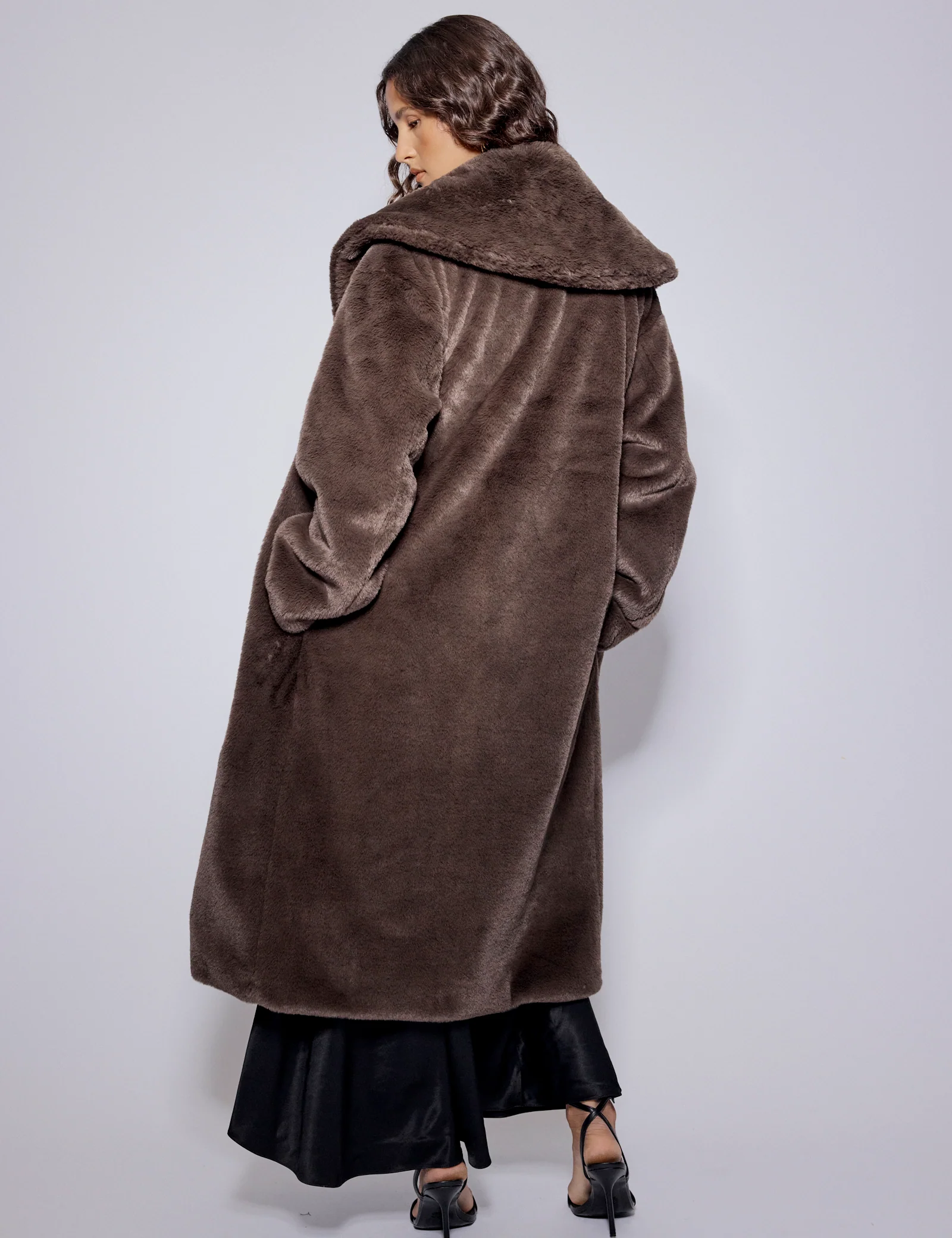 Brown Faux Fur Collared Longline Jacket - Image 5