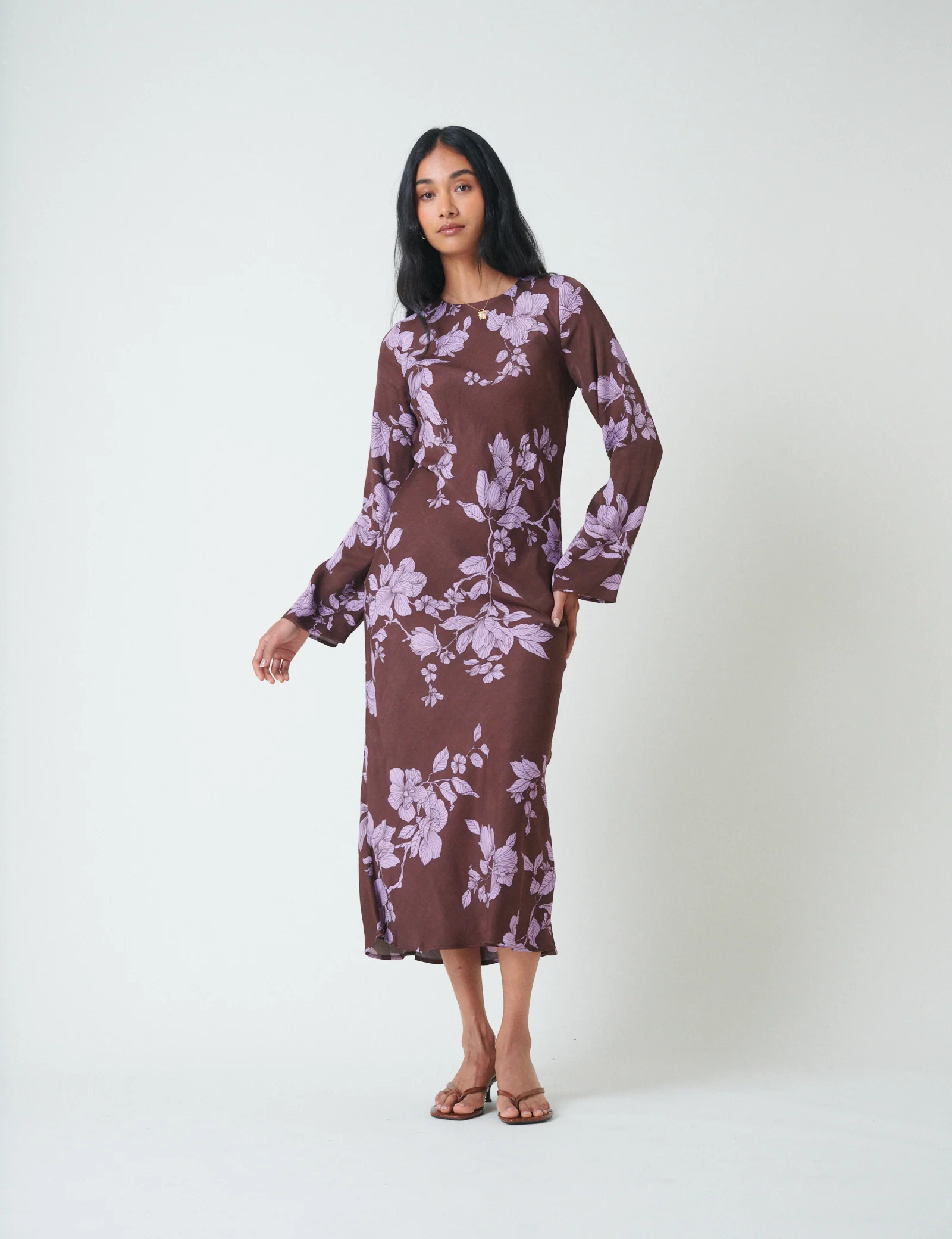 Brown Floral Long Sleeve Shiloh Midi Dress - Image 5