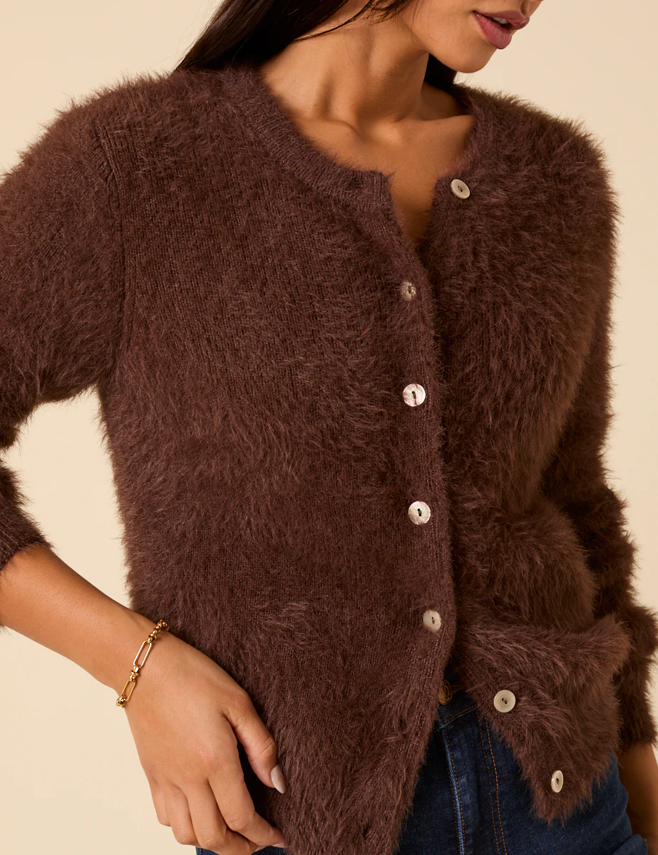 Brown Fluffy Long Sleeve Knitted Cardigan - Image 3