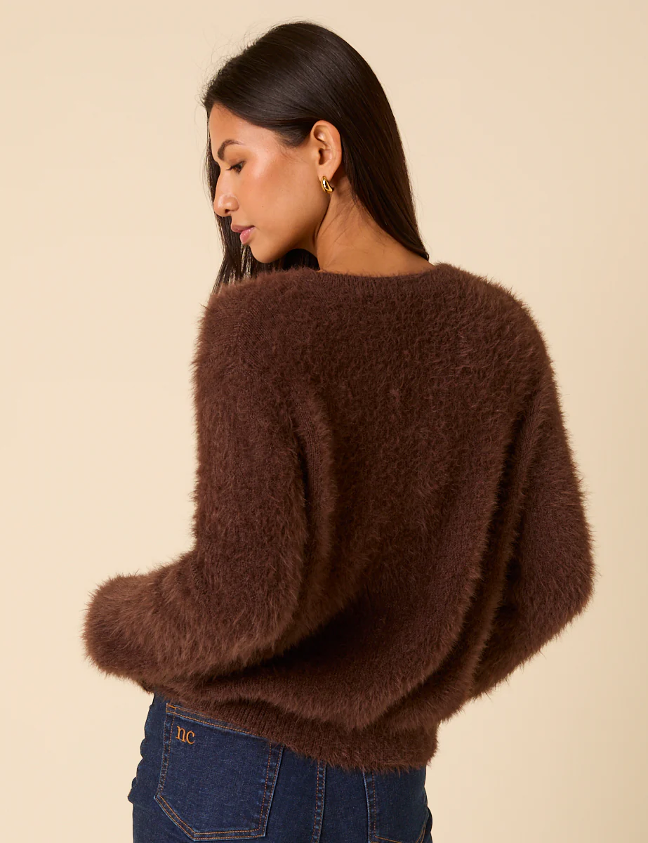 Brown Fluffy Long Sleeve Knitted Cardigan - Image 6