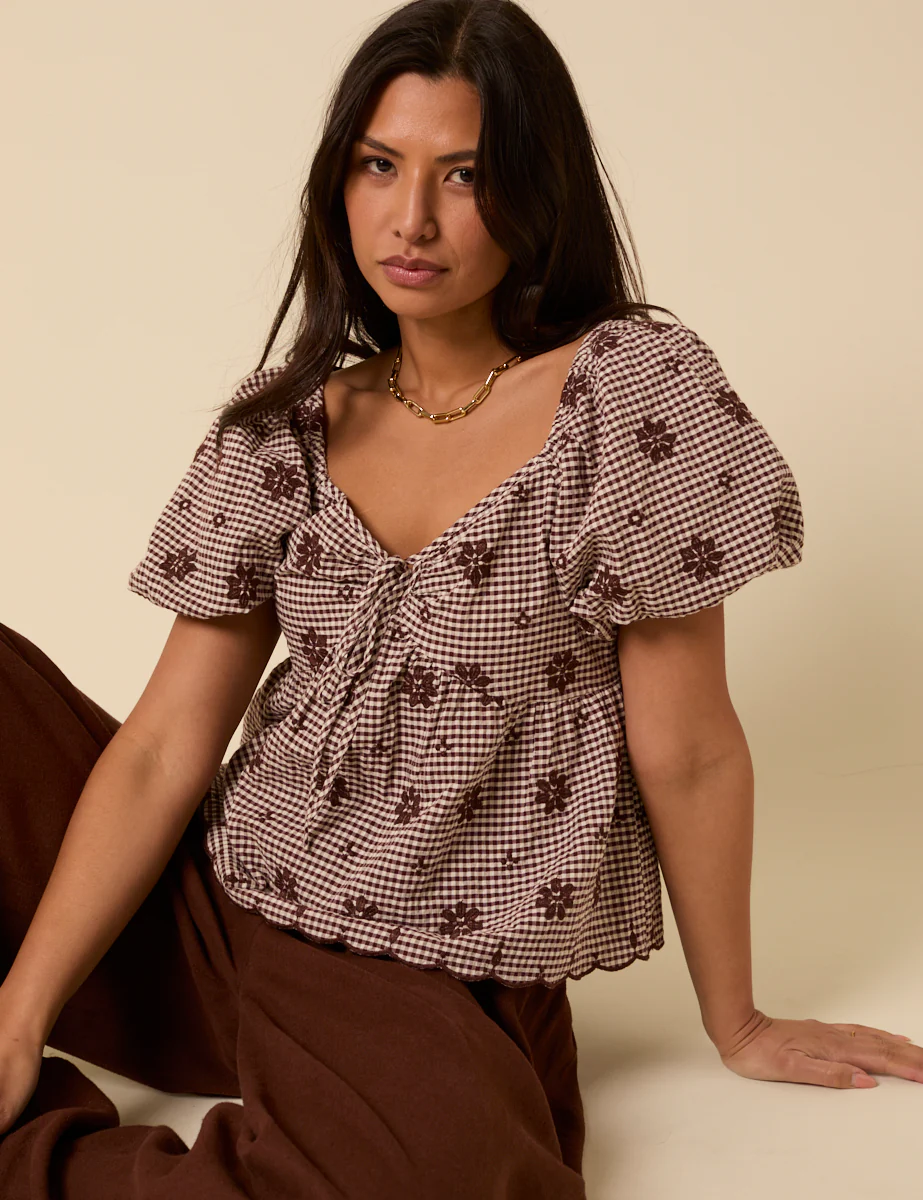 Brown Gingham Embroidered Top - Image 3