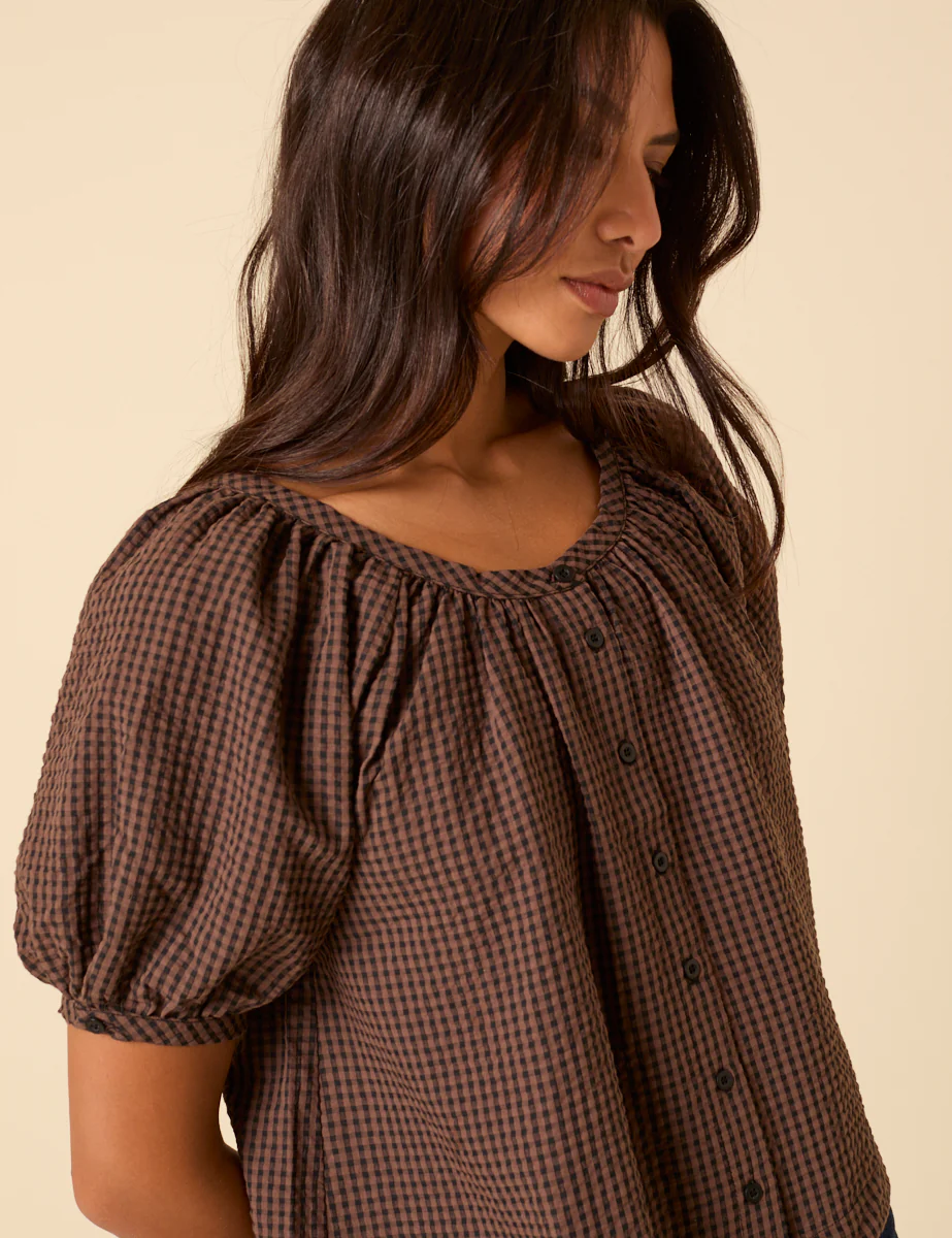 Brown Gingham Puff Sleeve Top - Image 3