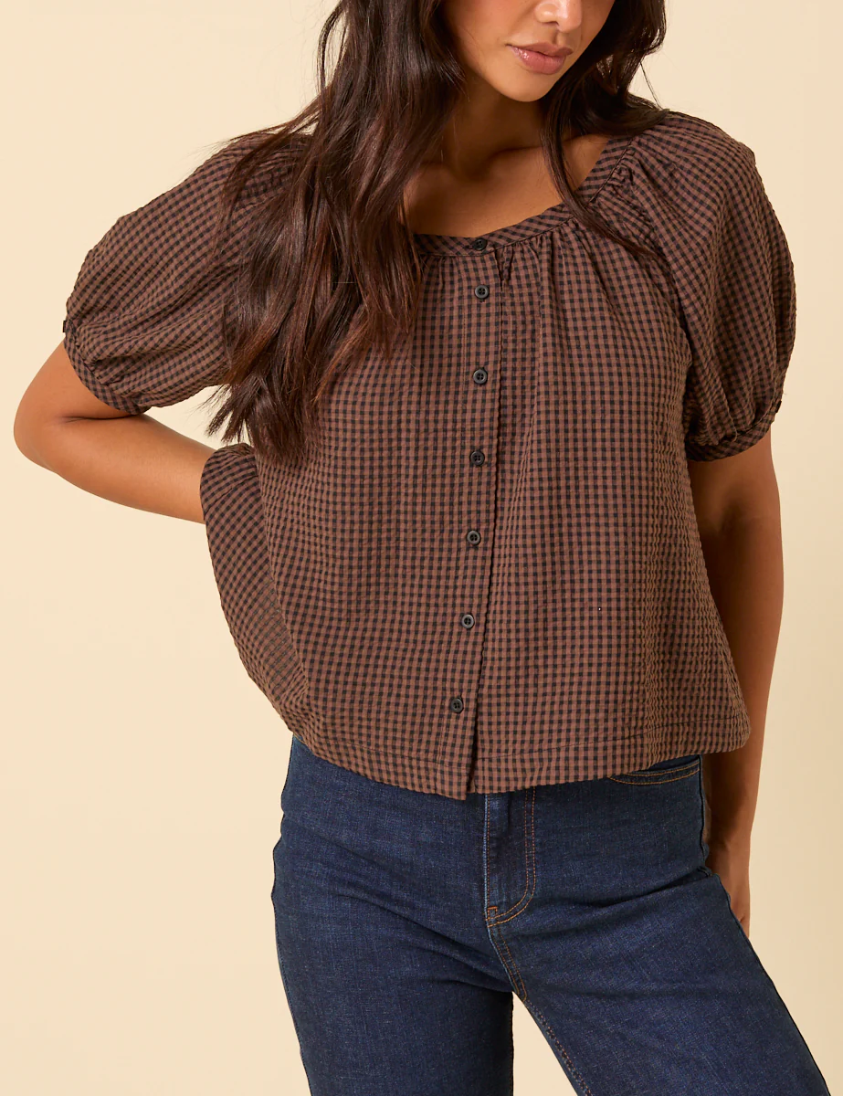 Brown Gingham Puff Sleeve Top - Image 4
