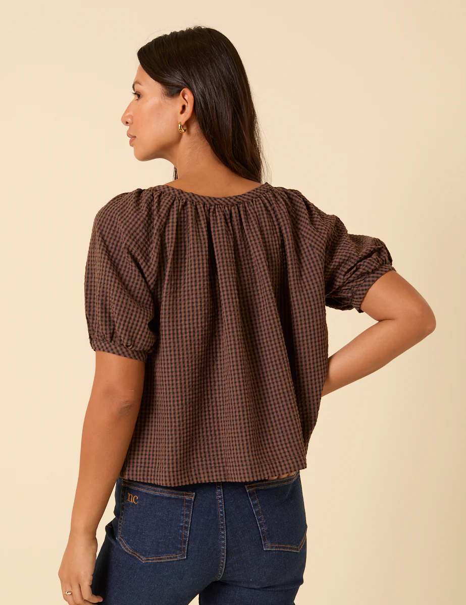Brown Gingham Puff Sleeve Top - Image 5