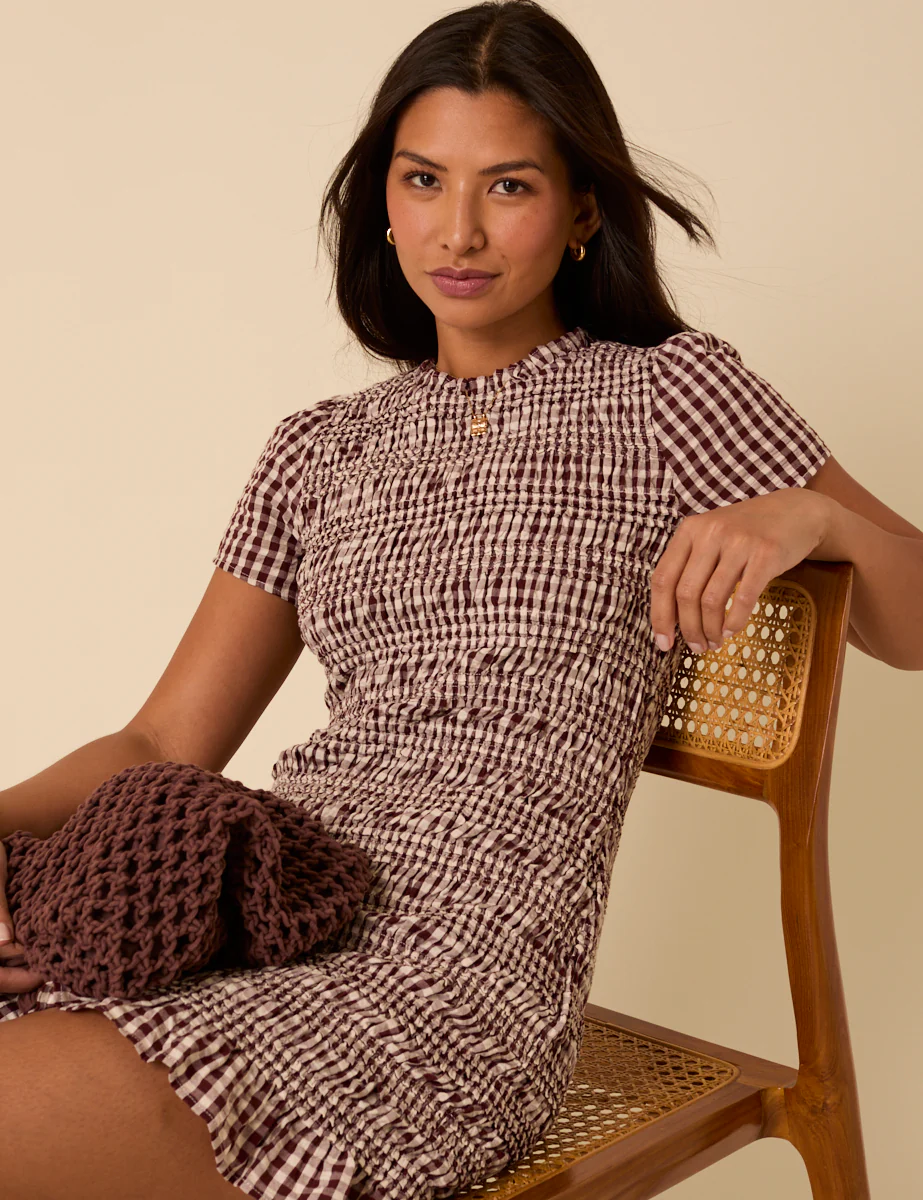 Brown Gingham Shirred Martha Mini Dress - Image 3