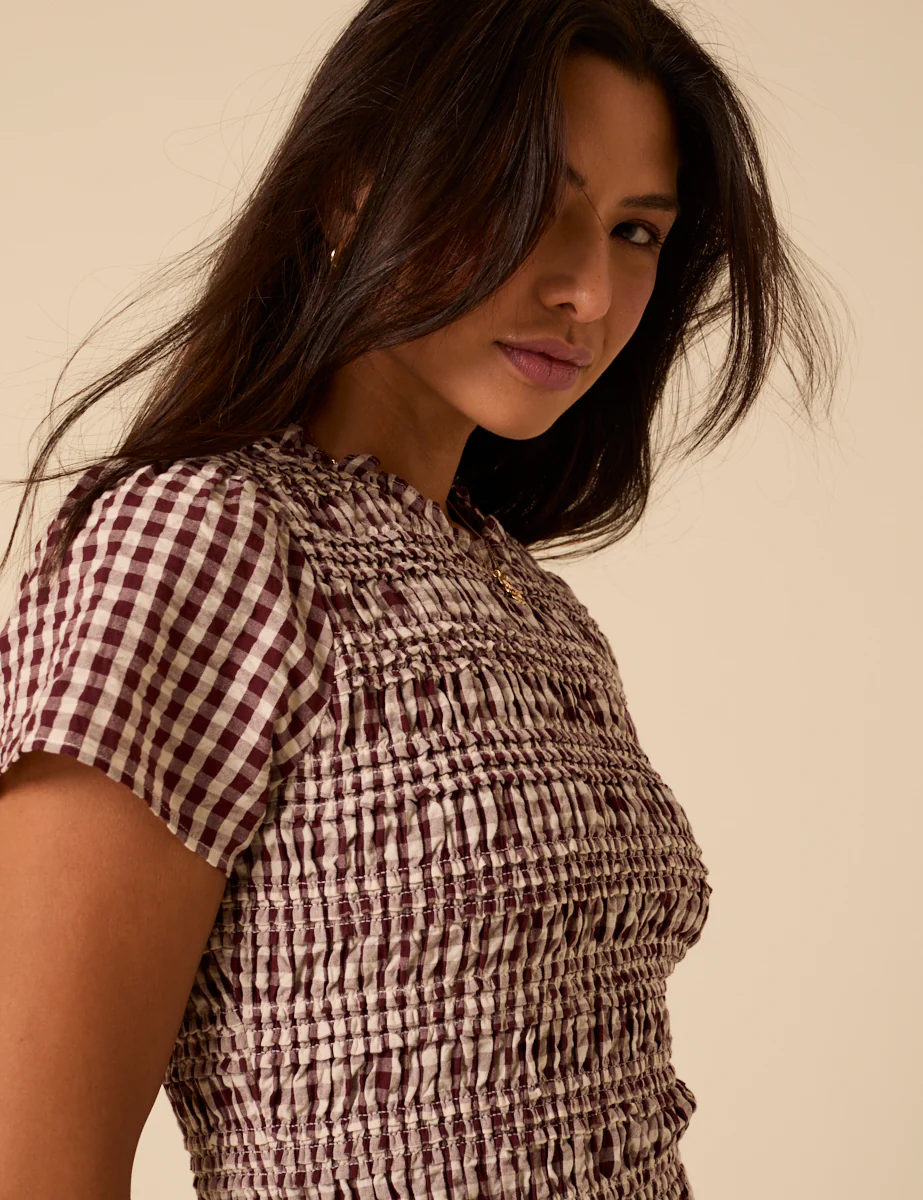 Brown Gingham Shirred Martha Mini Dress - Image 5