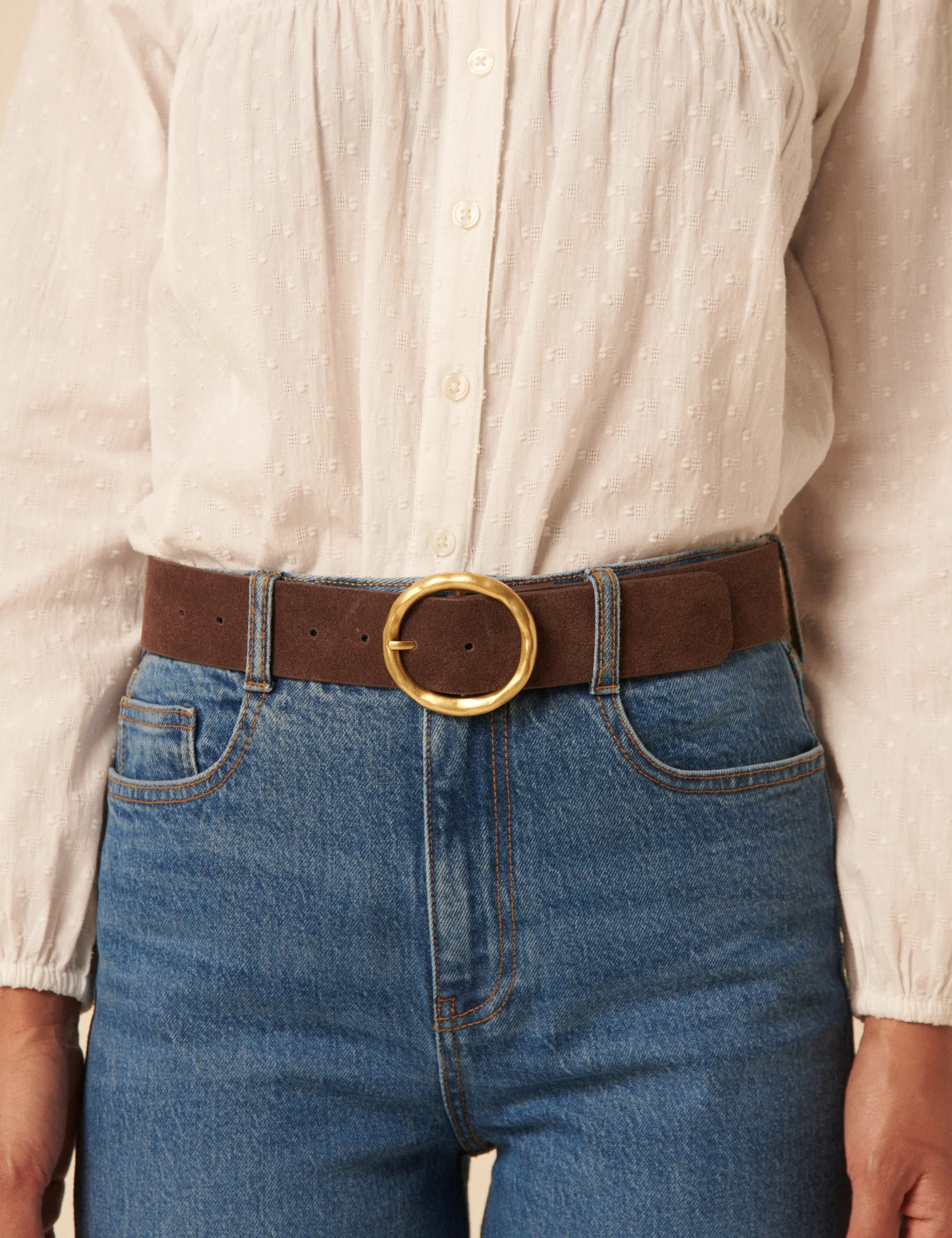 Brown Gold Circular Buckle Suede Belt - Image 2