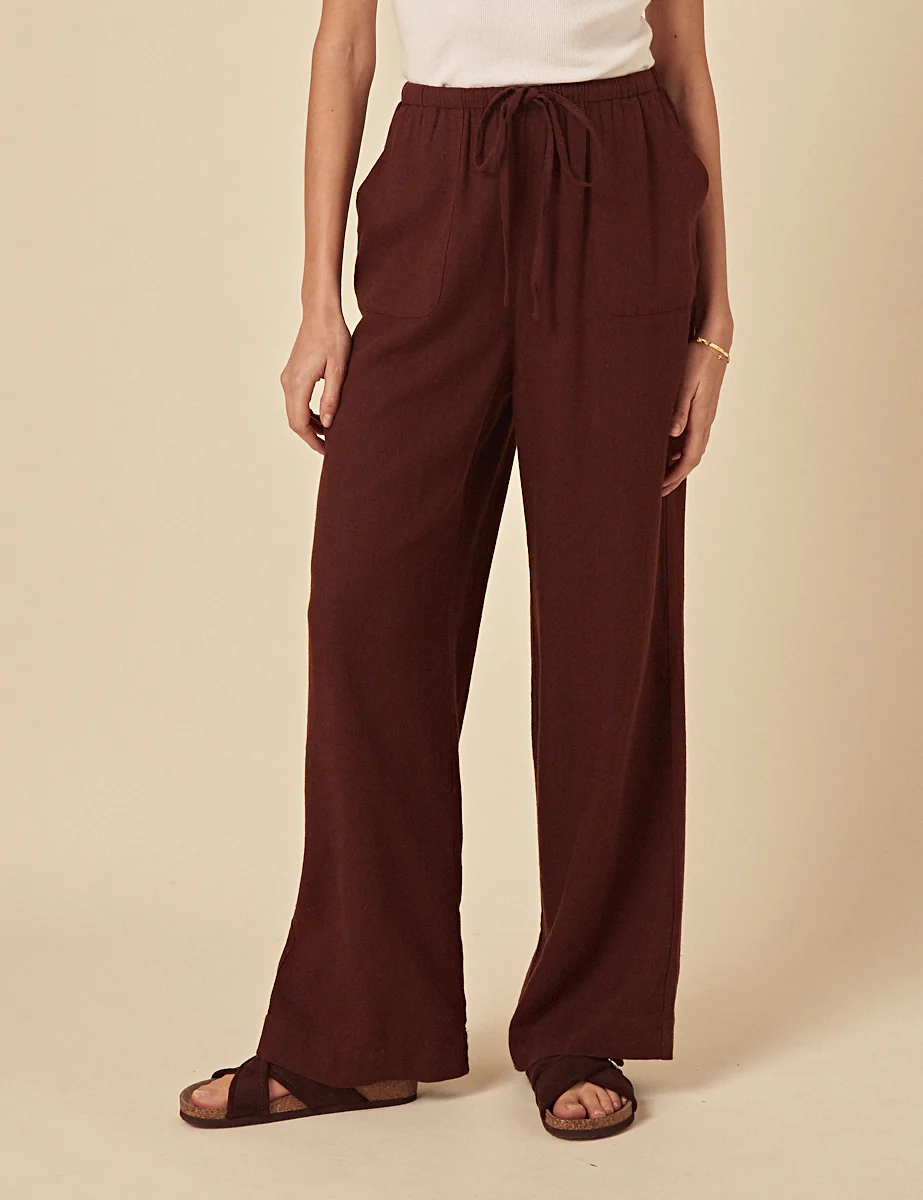 Brown Linen-blend Wide Leg Trousers - Image 3