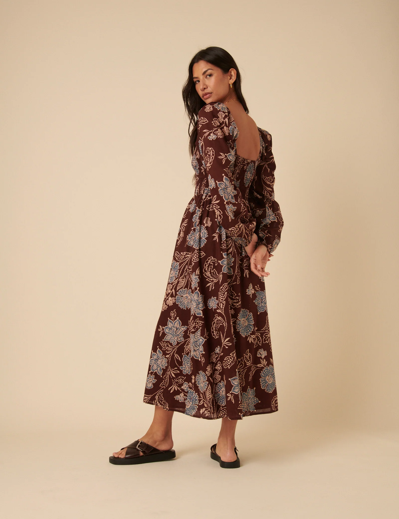 Brown Paisley Print Long Sleeve Amaya Midi Dress - Image 3