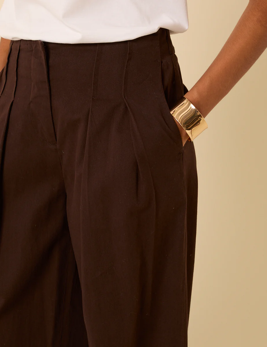Brown Pleated Wide Leg Trousers - Image 5