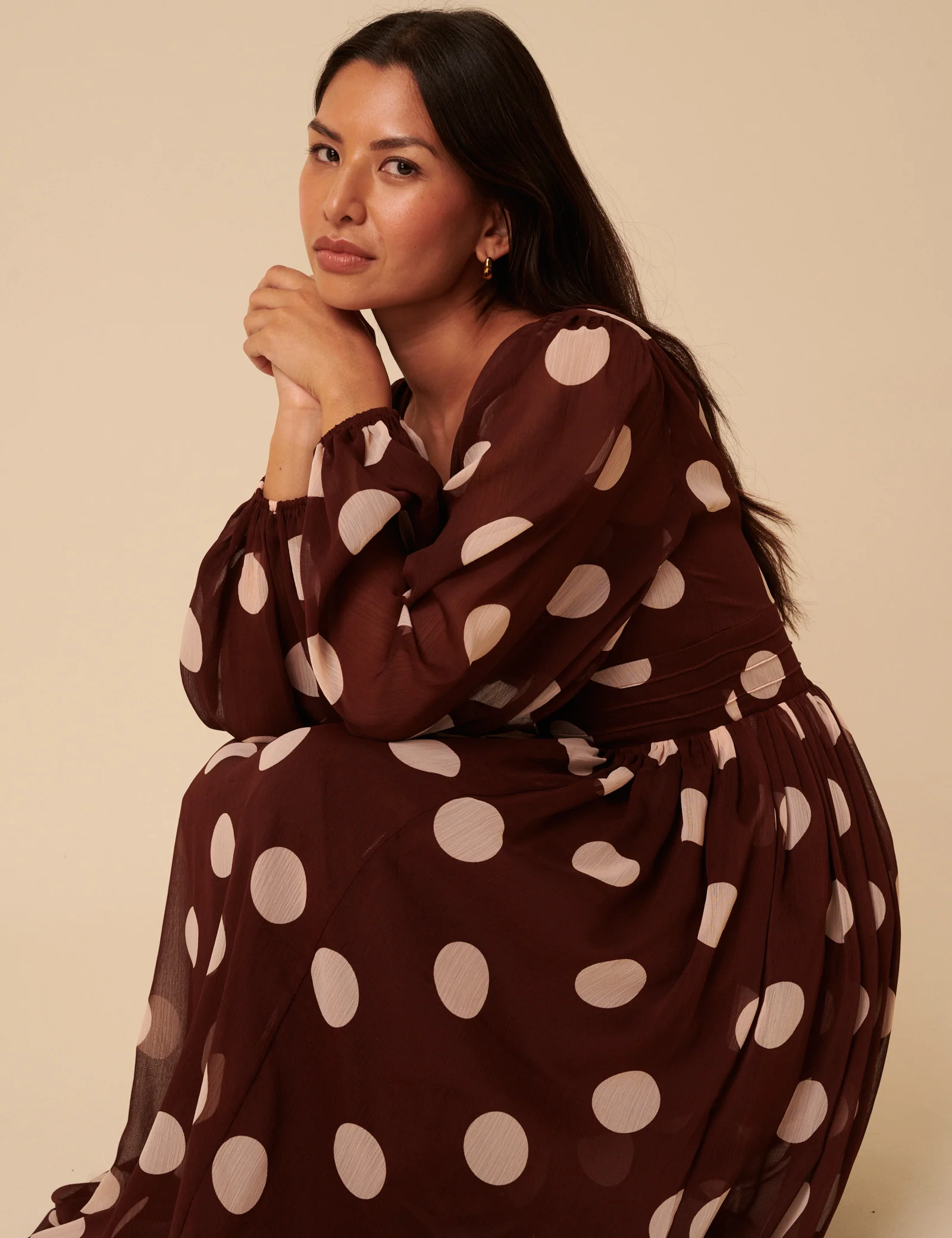 Brown Polka Dot Balloon Sleeve Anya Midi Dress - Image 3