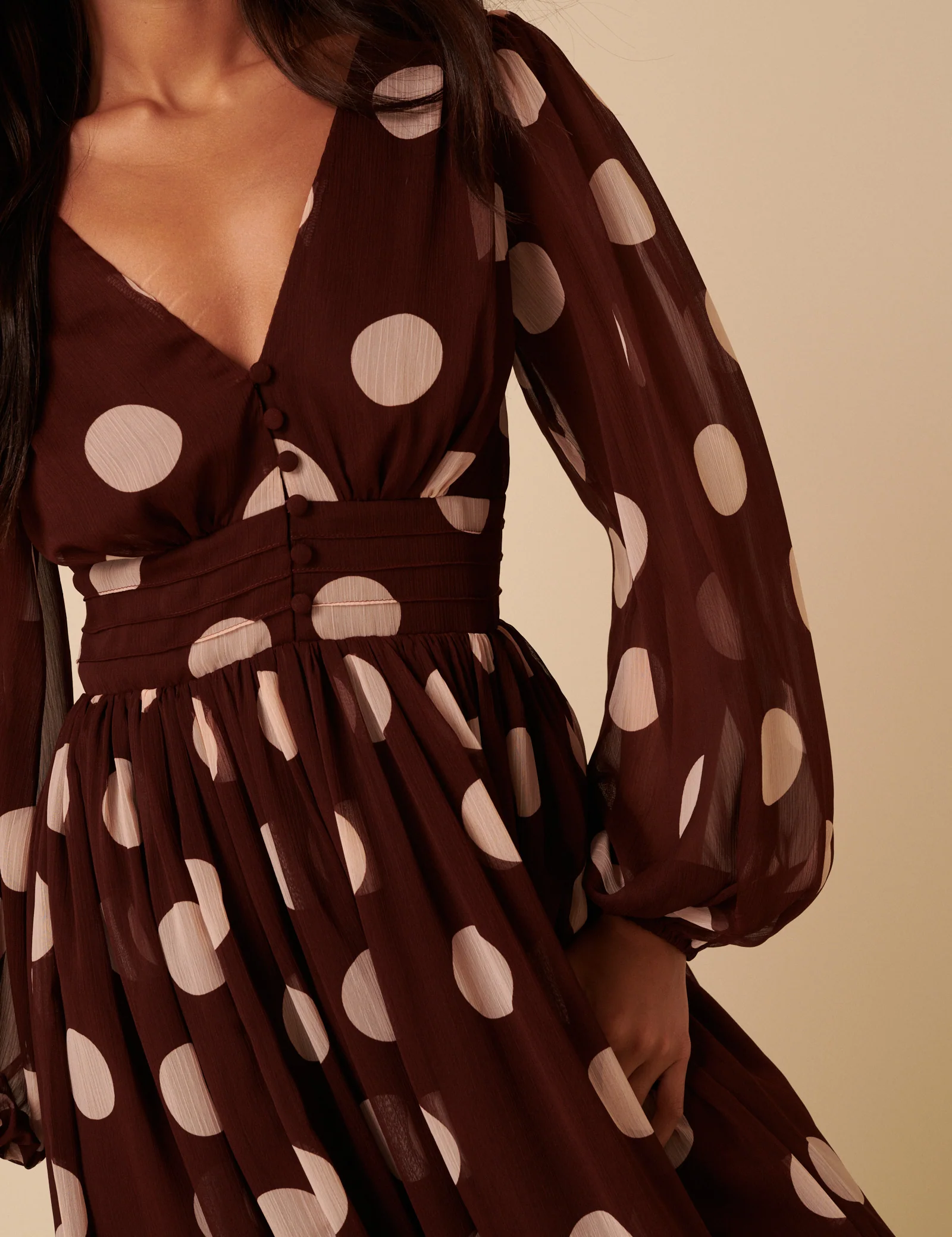 Brown Polka Dot Balloon Sleeve Anya Midi Dress - Image 4