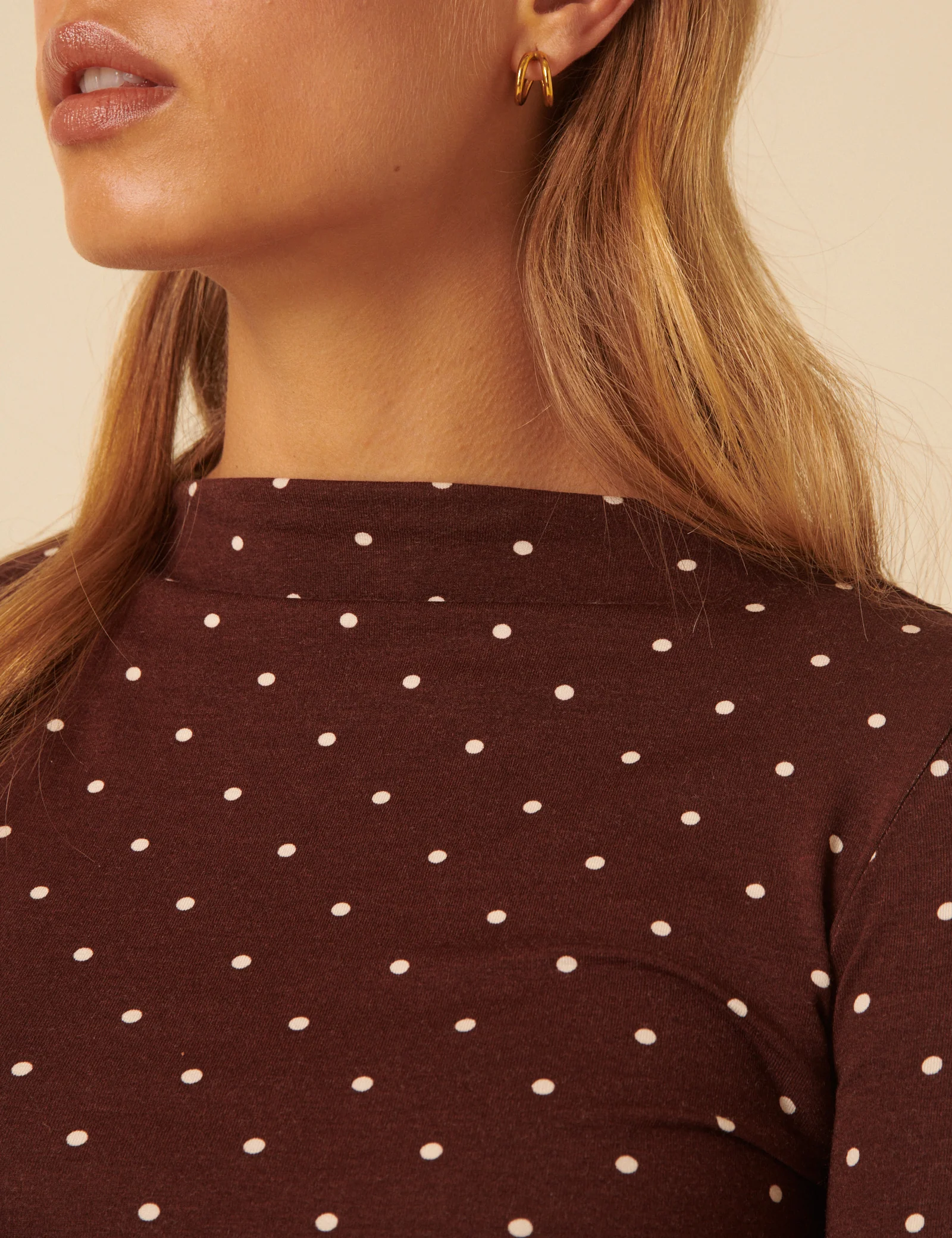 Brown Polka Dot High Neck Long Sleeve Top - Image 5