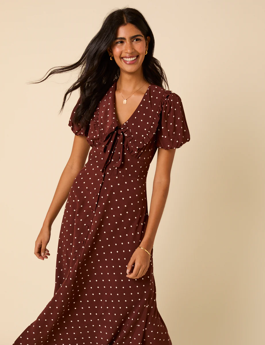 Brown Polka Dot Puff Sleeve Ottillie Midi Dress - Image 3