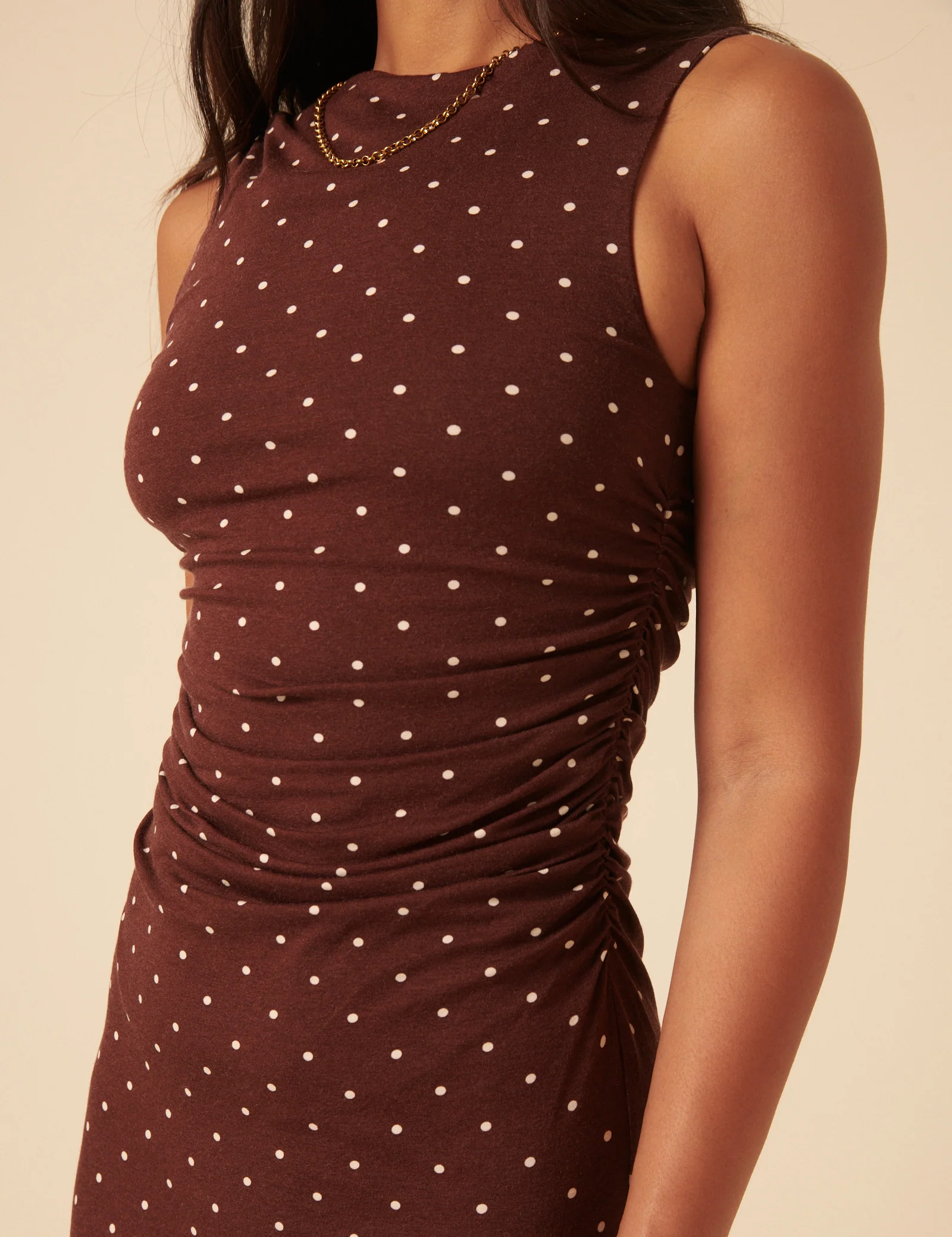 Brown Polka Dot Jersey Draped Laurella Midi Dress - Image 3
