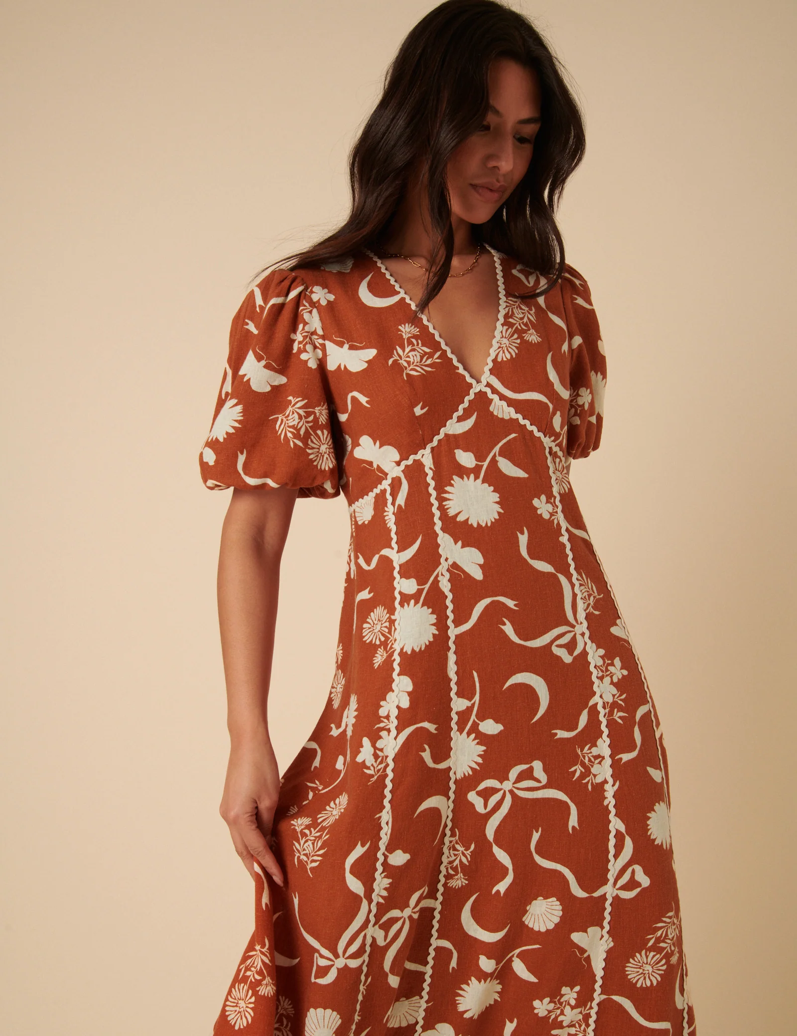 Brown Printed Linen-blend Lucy Midi Dress - Image 3