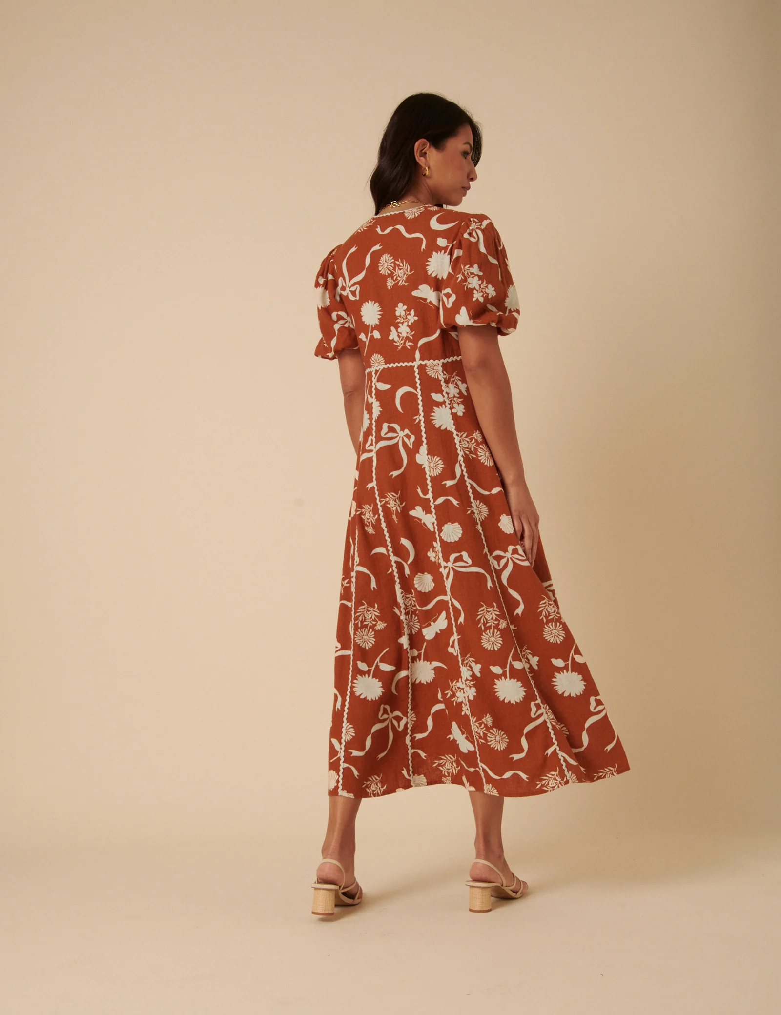 Brown Printed Linen-blend Lucy Midi Dress - Image 5