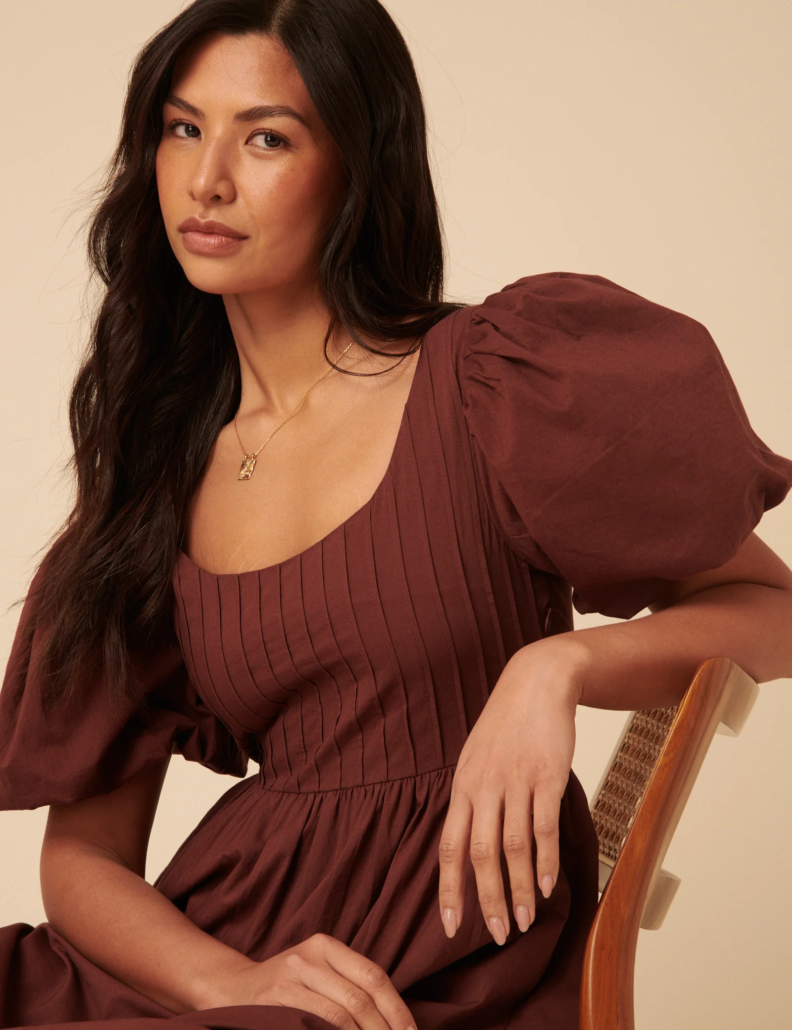 Brown Puff Sleeve Mimi Midi Dress - Image 2