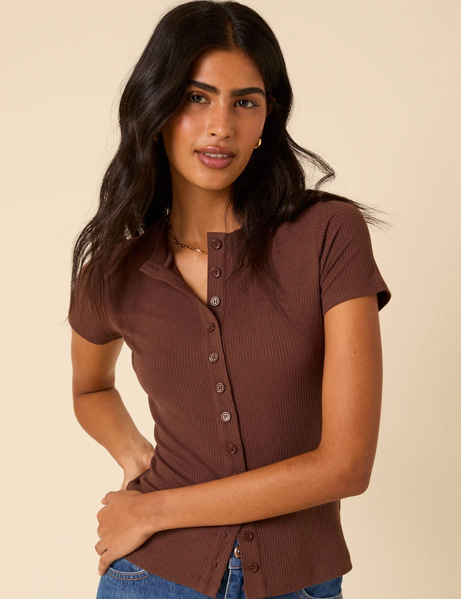 Brown Ribbed Button Down Jersey Top - Image 4