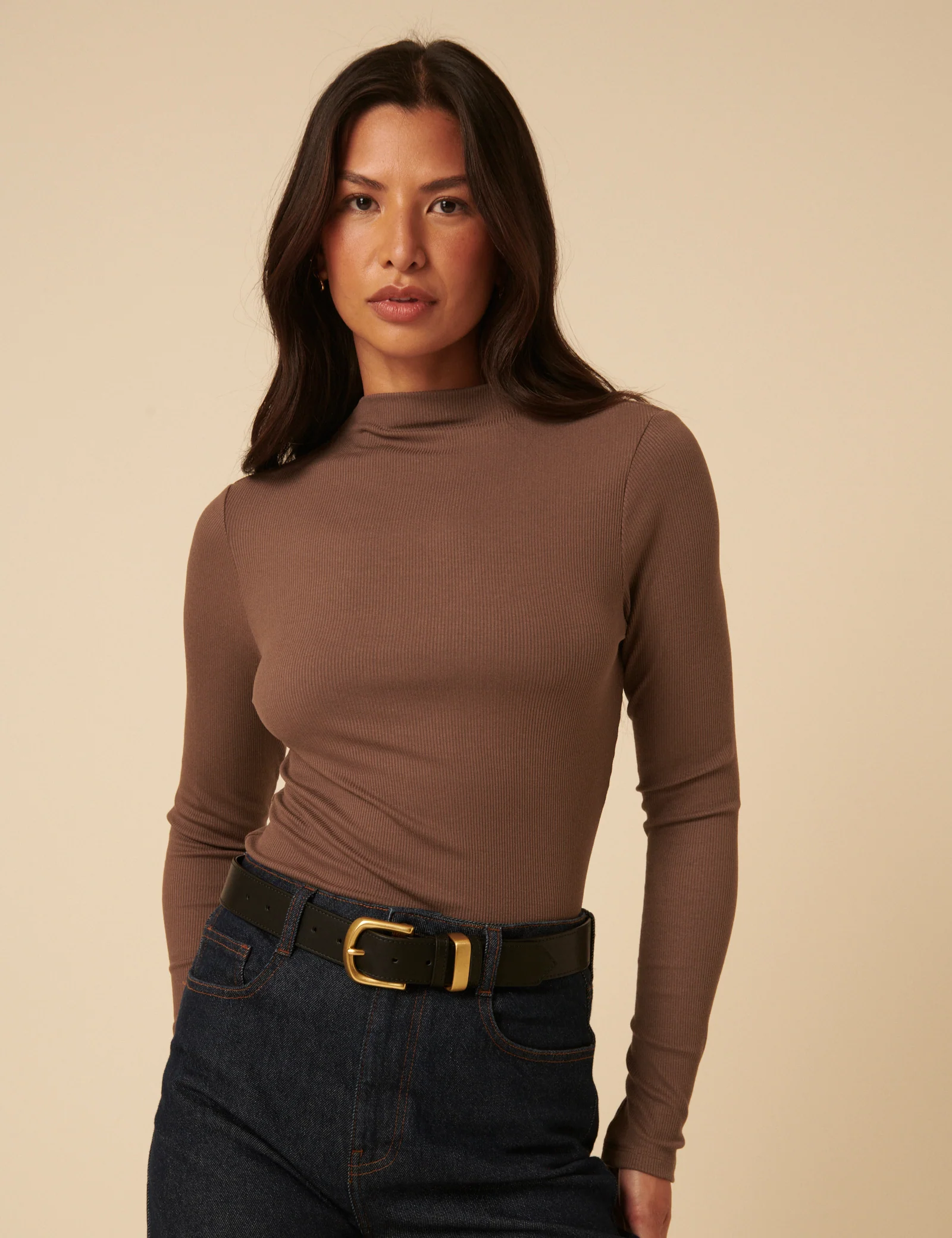 Brown Ribbed High Neck Long Sleeve Top - Image 2