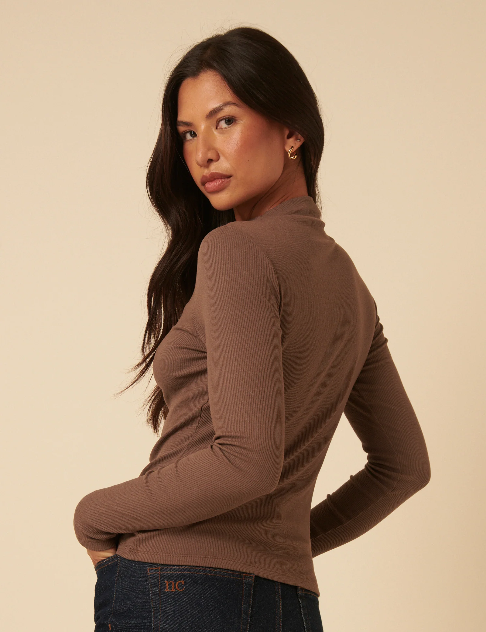 Brown Ribbed High Neck Long Sleeve Top - Image 5
