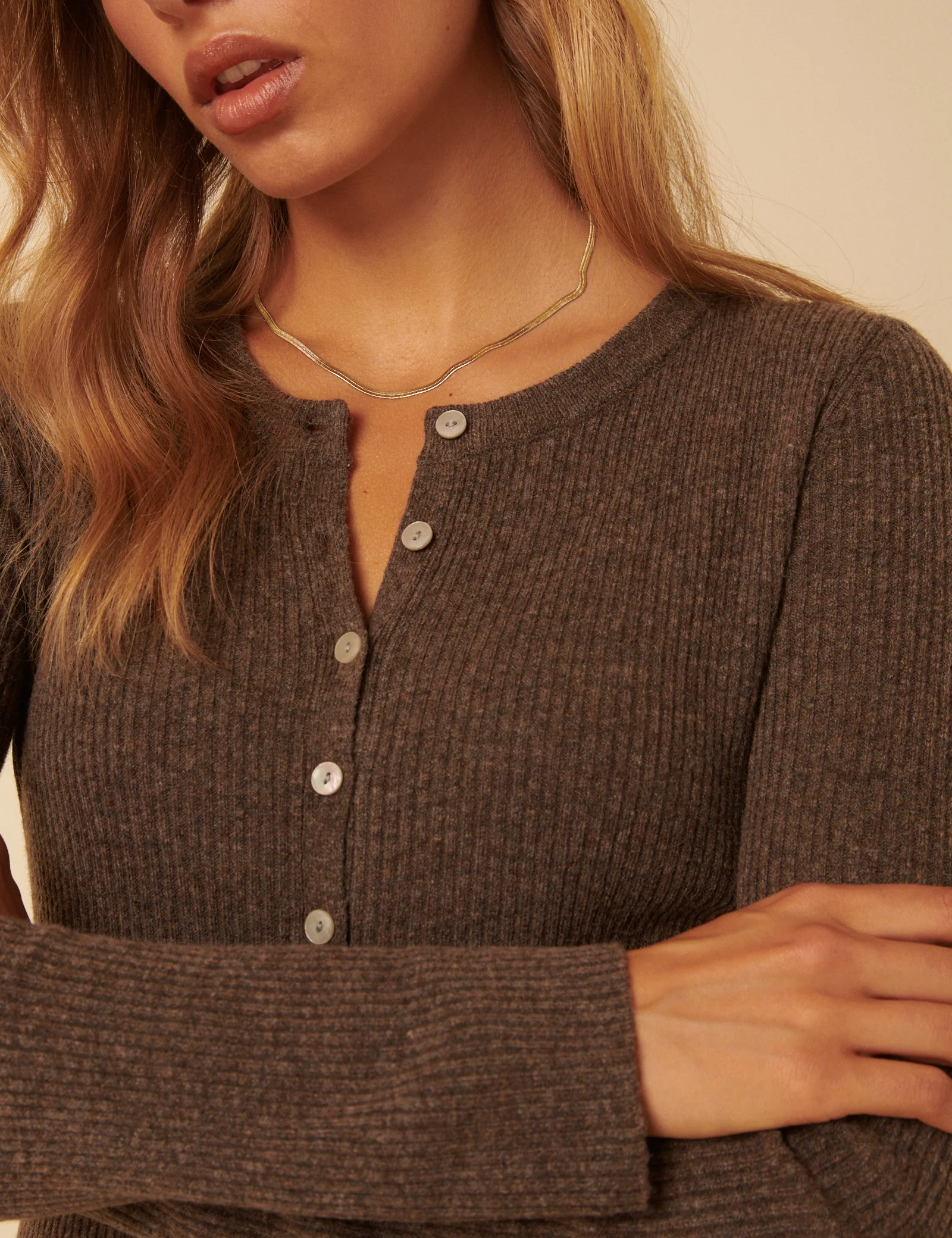 Brown Ribbed Knitted Midi Dress - Image 2