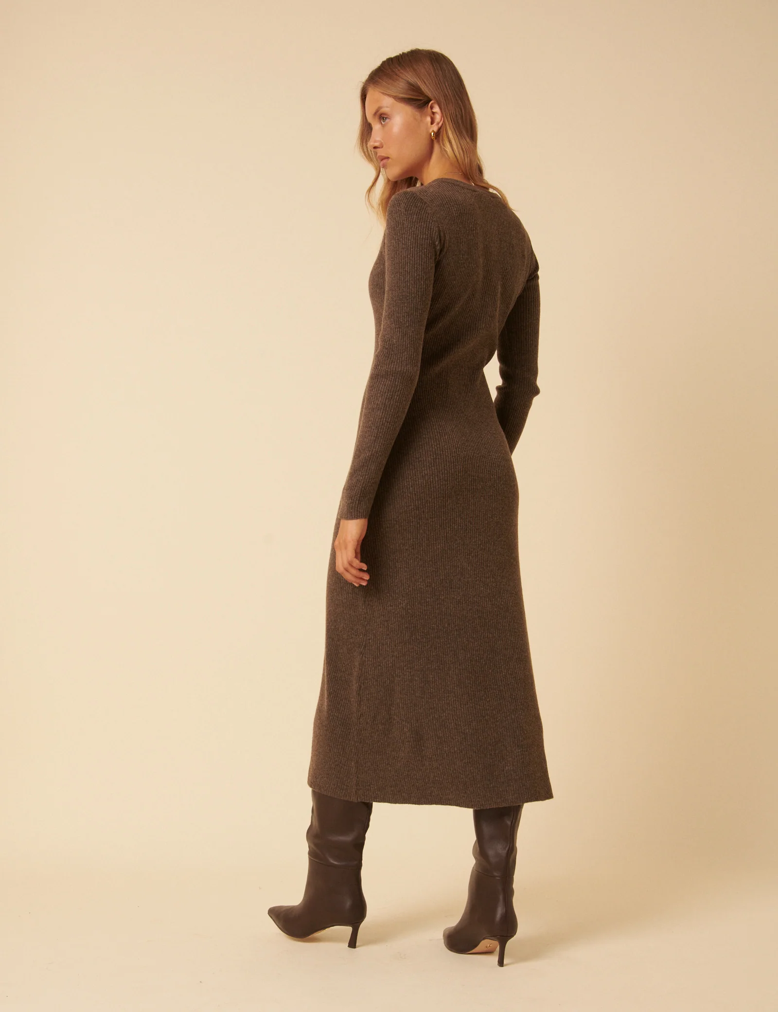 Brown Ribbed Knitted Midi Dress - Image 5