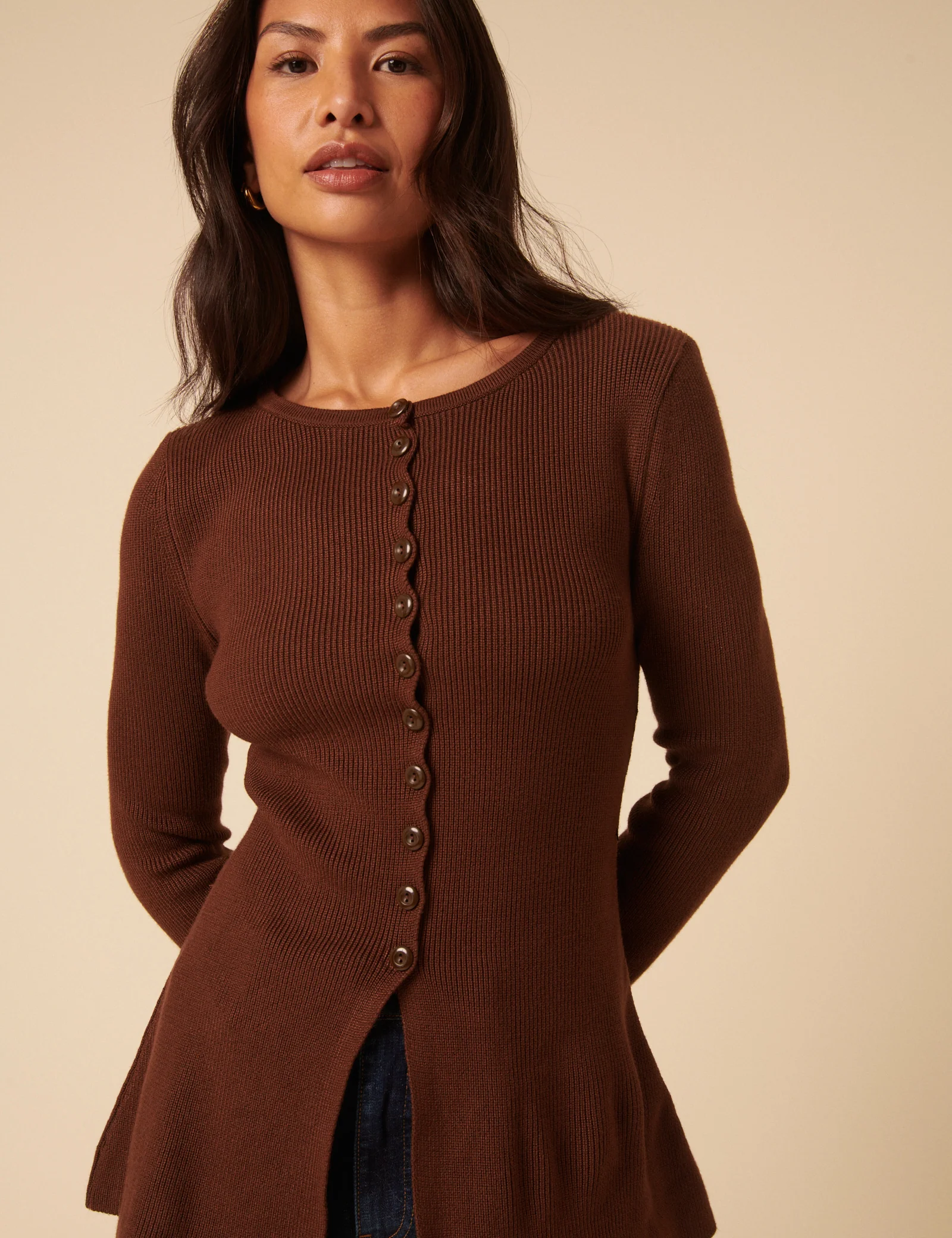 Brown Ribbed Longline Cardigan - Image 3