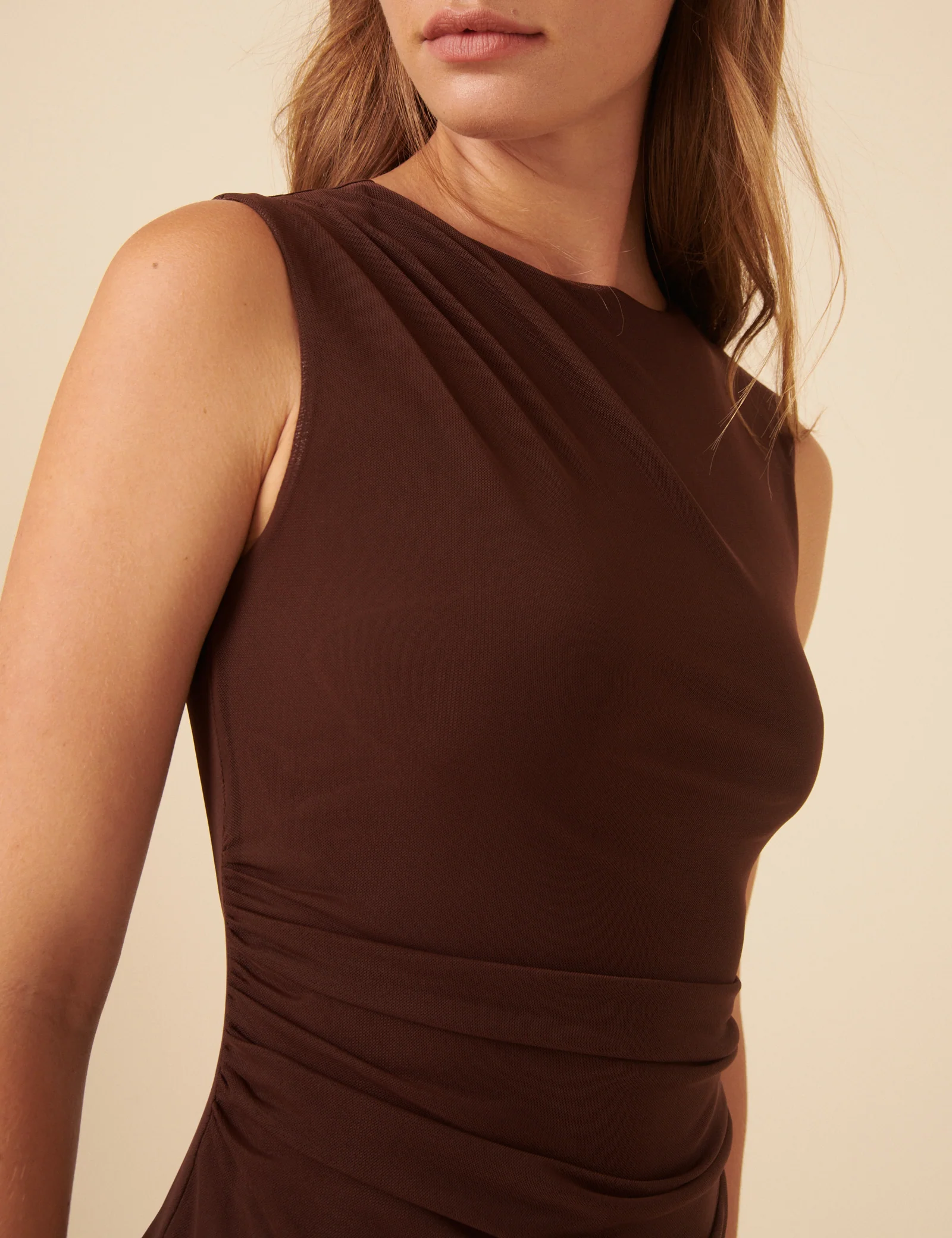 Brown Mesh Ruched Midi Dress - Image 4