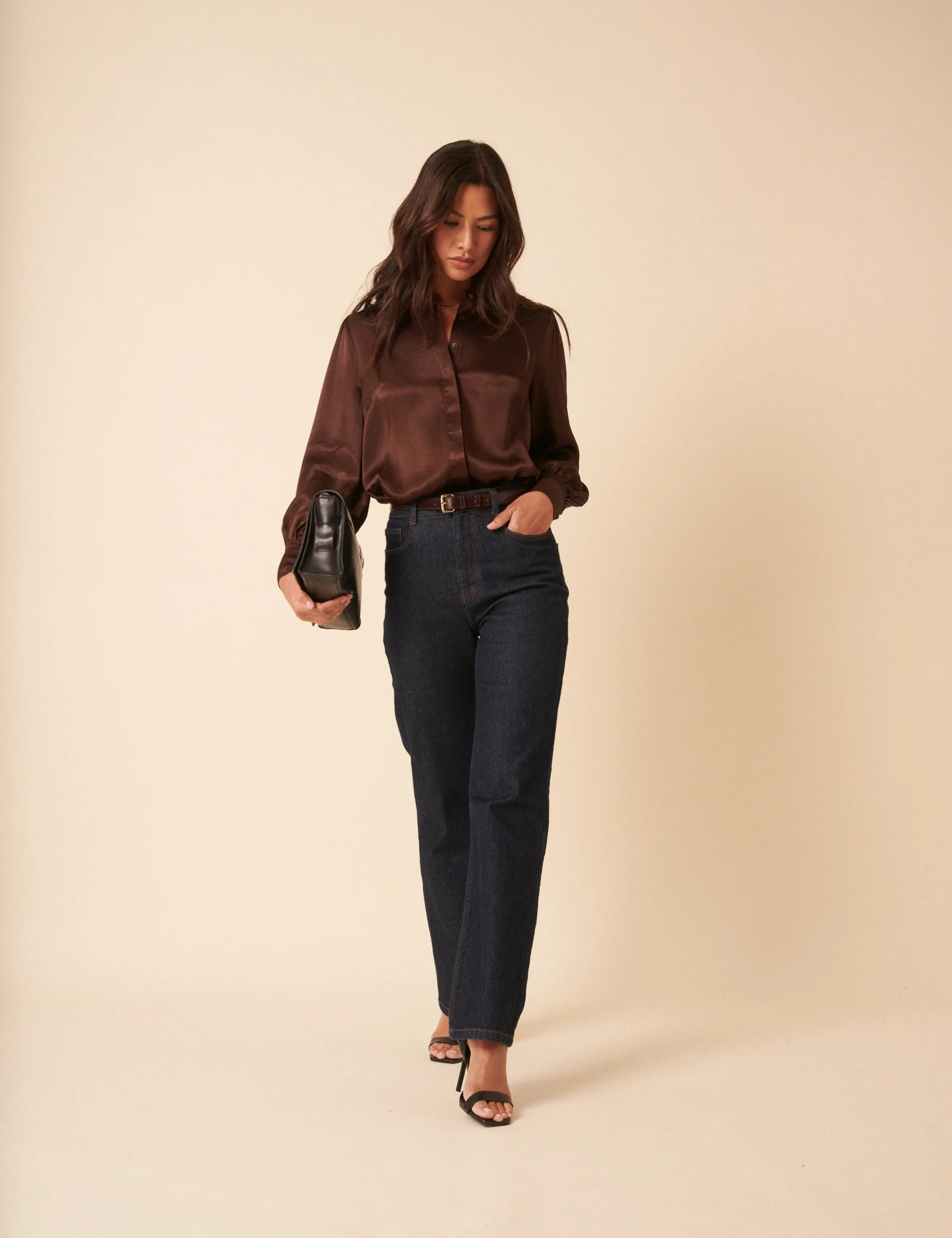 Brown Satin Balloon Sleeve Blouse - Image 4