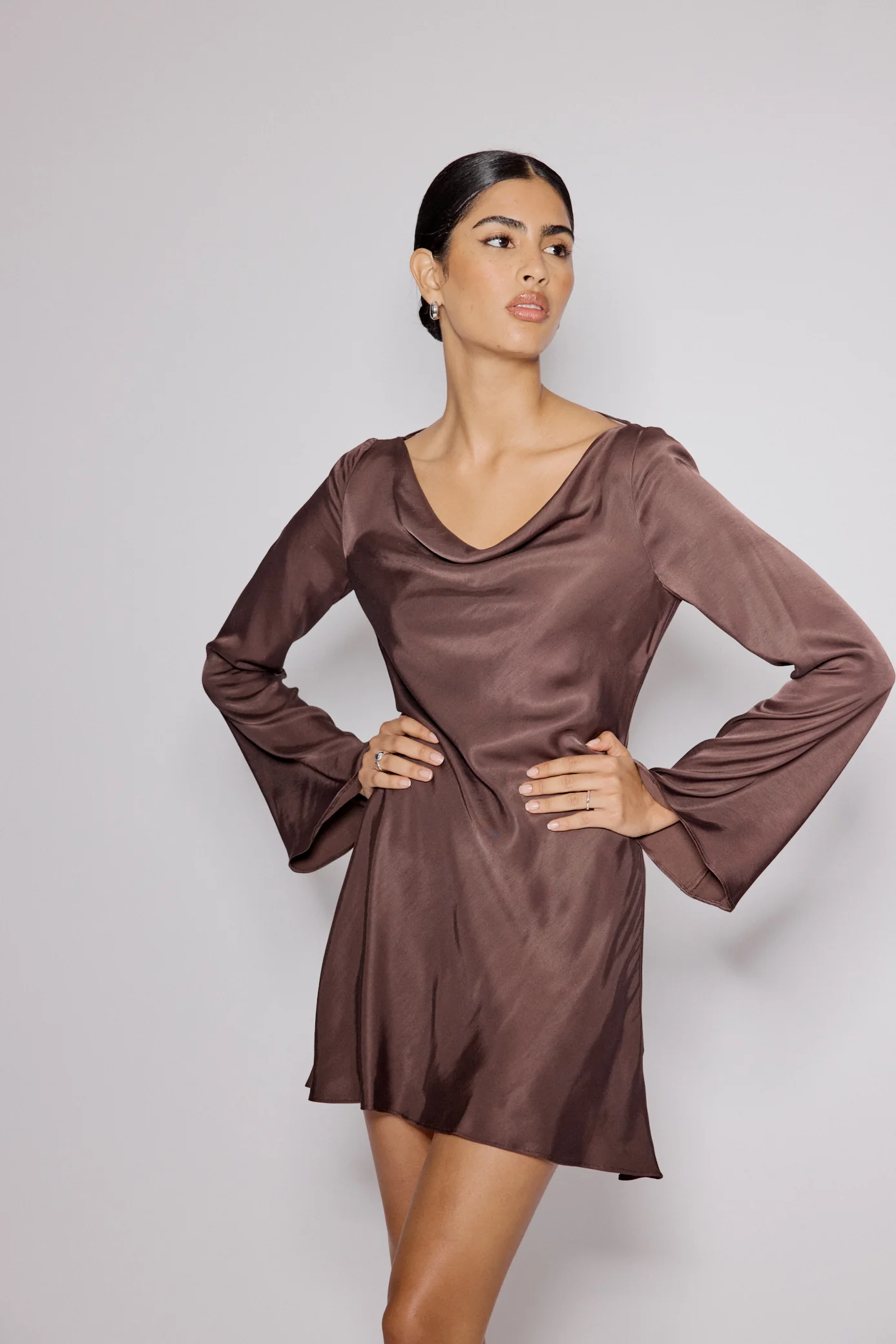 Brown Satin Cowl Neck Leighton Mini Dress - Image 2