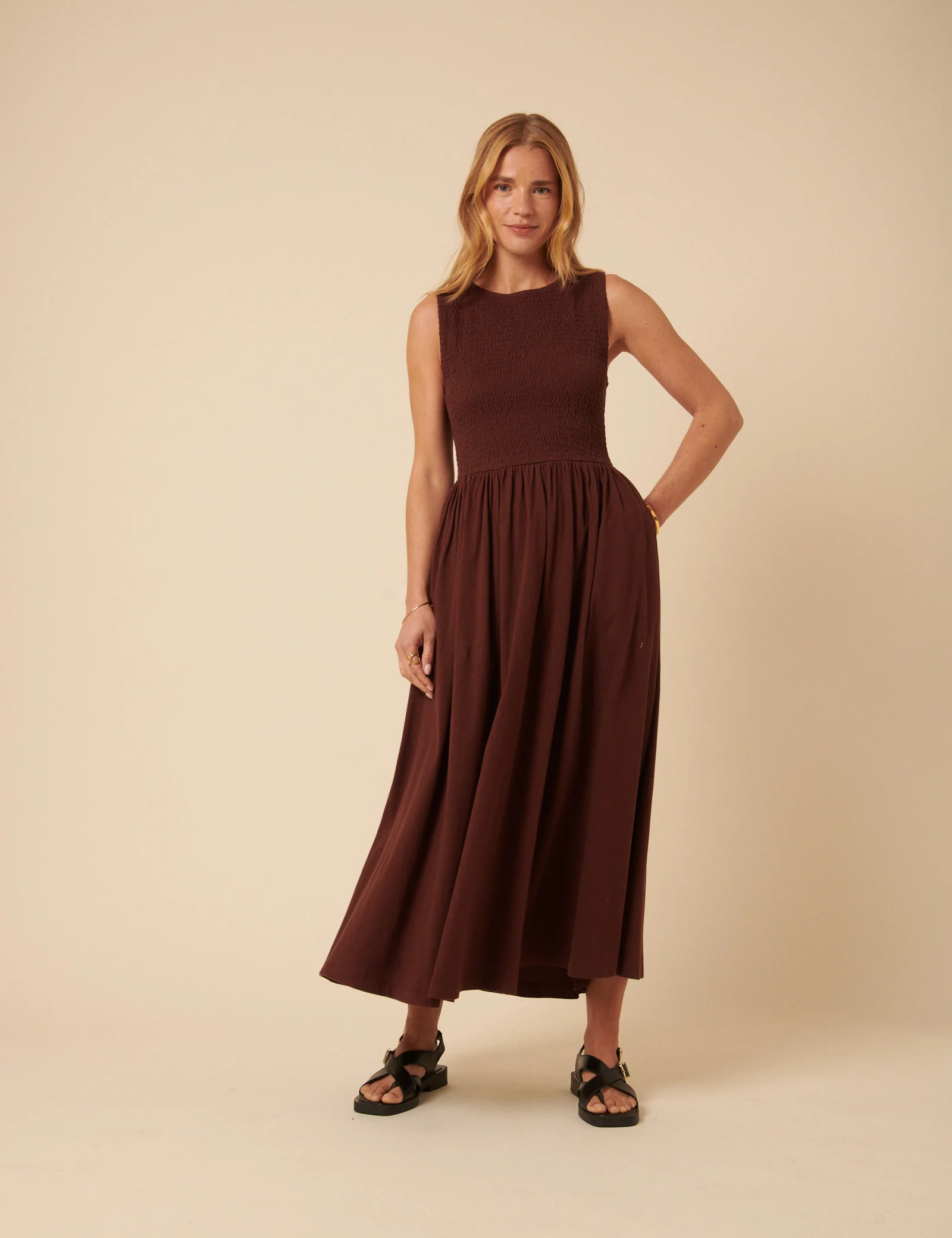 Brown Shirred Bodice Billie Midi Dress