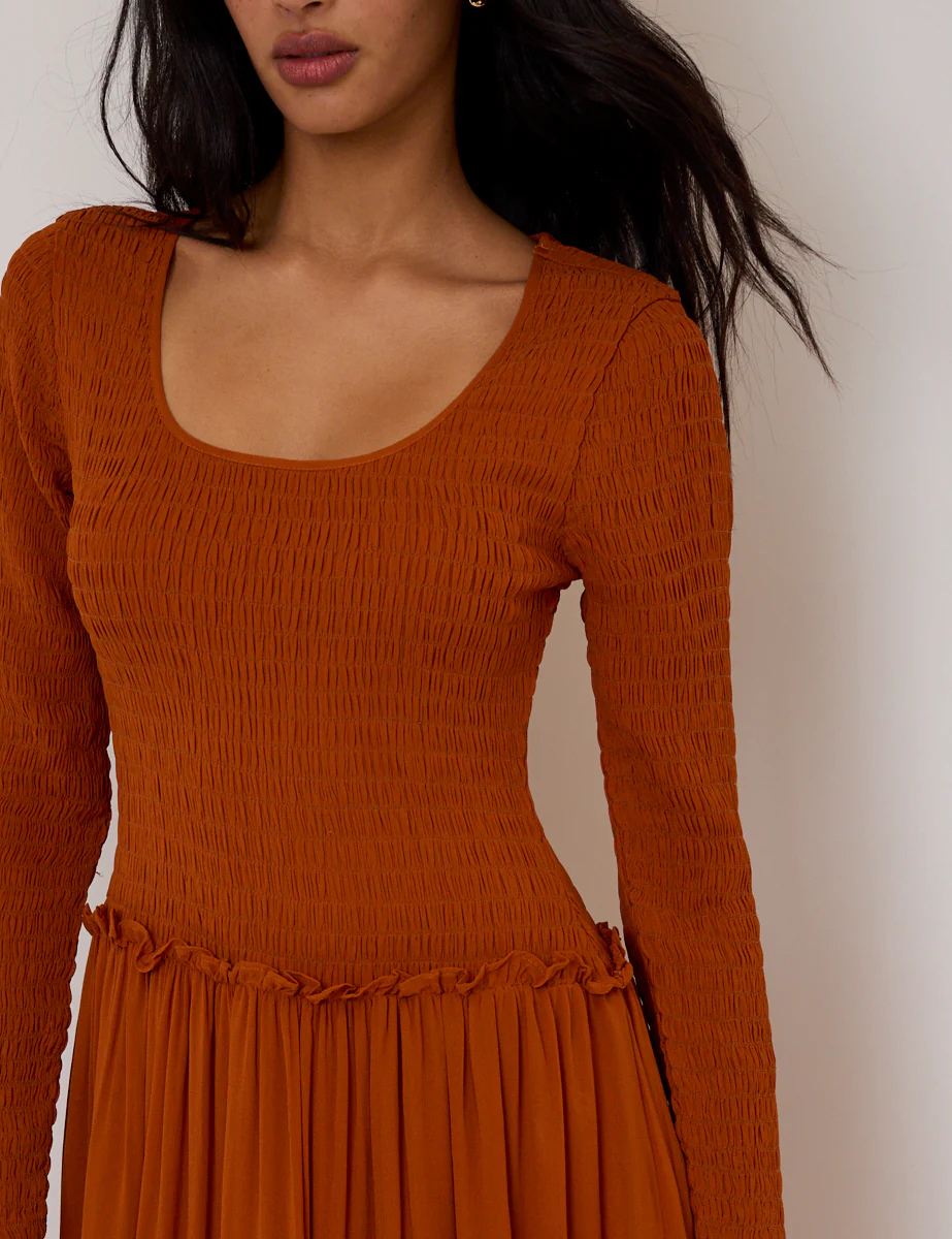 Burnt Orange Shirred Long Sleeve Sorelle Midi Dress - Image 4