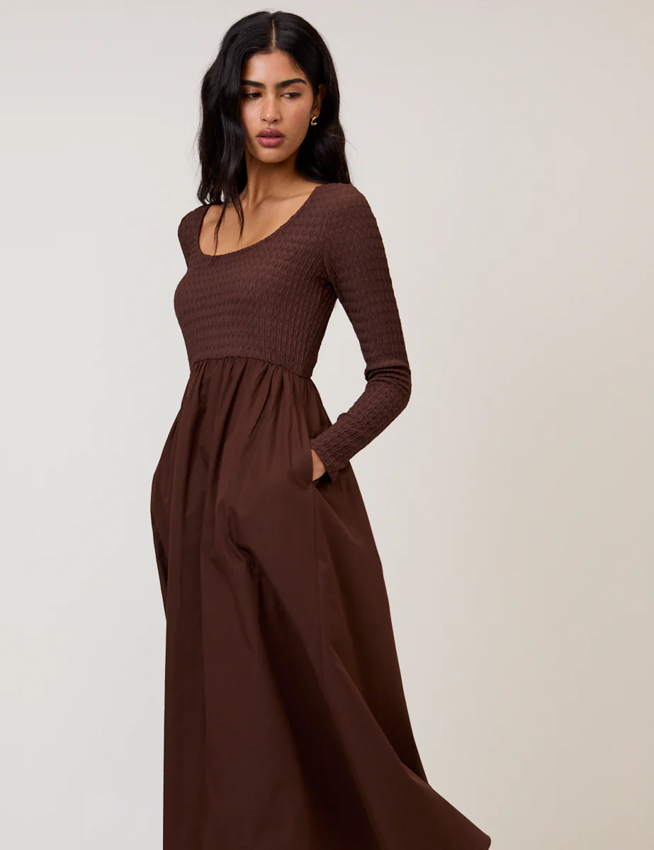 Brown Shirred Scoop Neck Molly Midi Dress