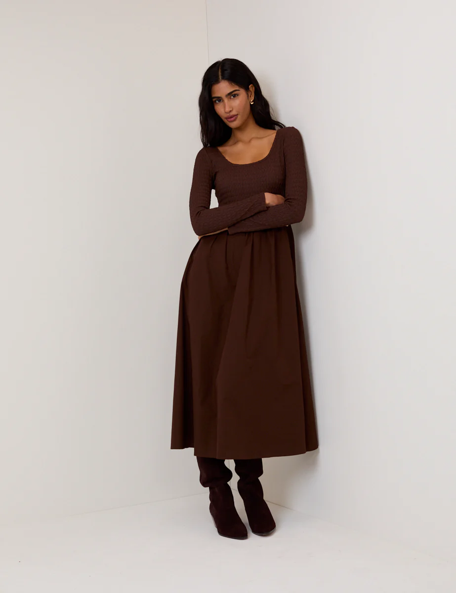 Brown Shirred Scoop Neck Molly Midi Dress - Image 3