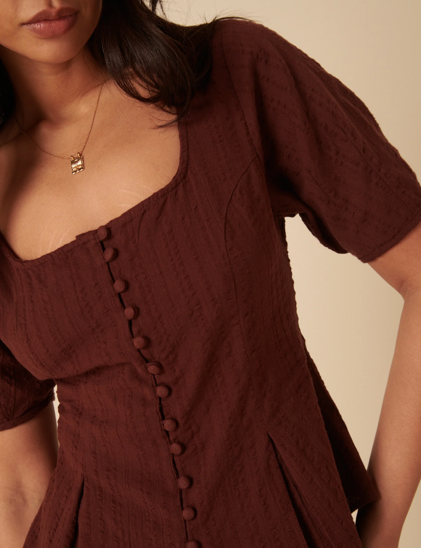 Brown Short Sleeve Button Down Blouse - Image 3