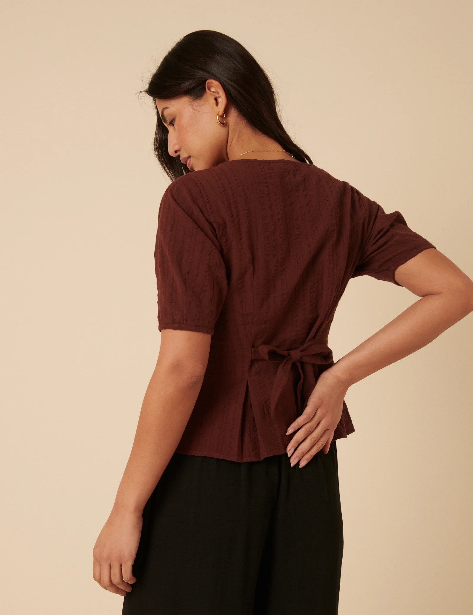 Brown Short Sleeve Button Down Blouse - Image 4