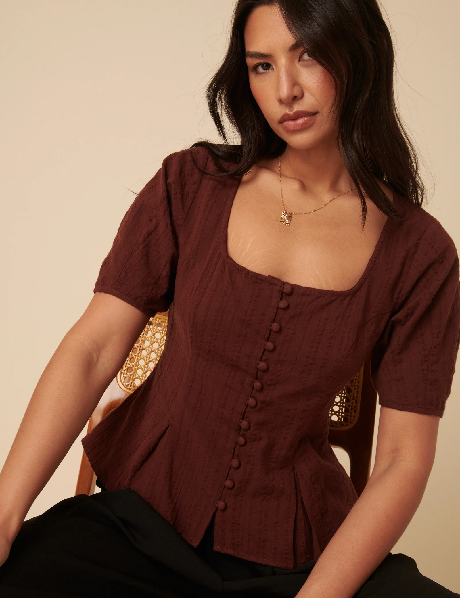 Brown Short Sleeve Button Down Blouse - Image 5