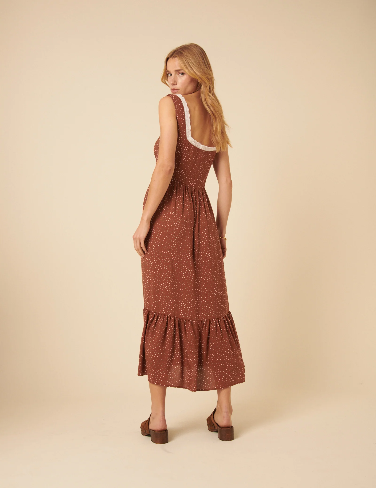 Brown Spotty Tiered Heather Midi Dress - Image 5