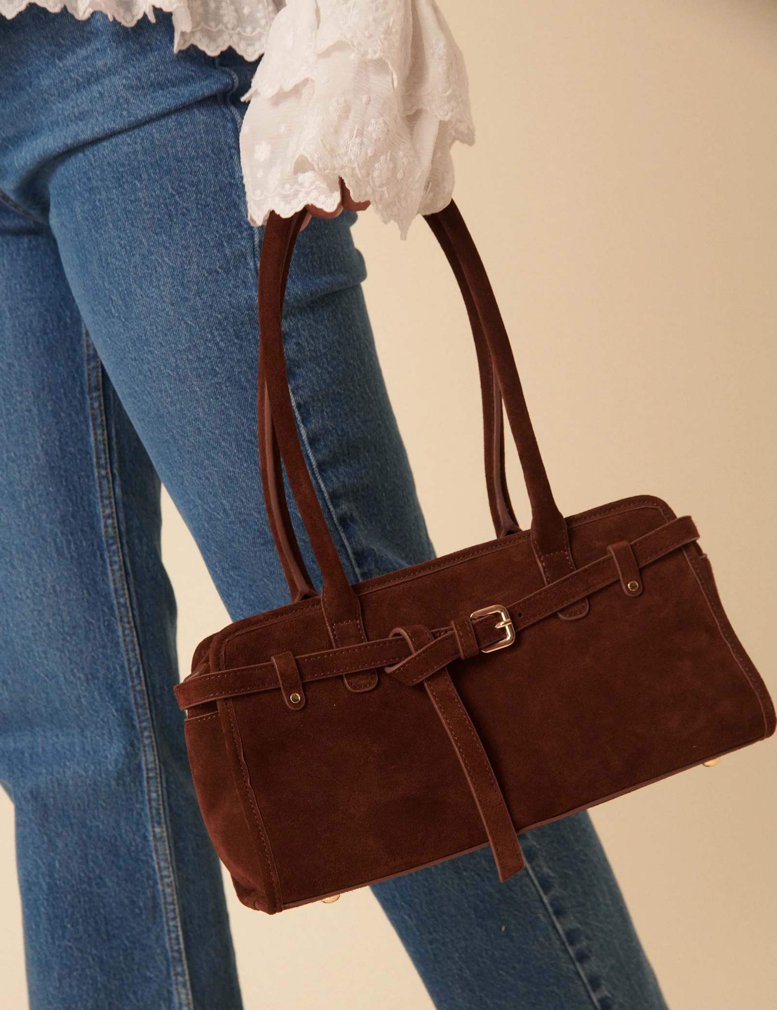 Brown Suede Baguette Shoulder Bag - Image 3