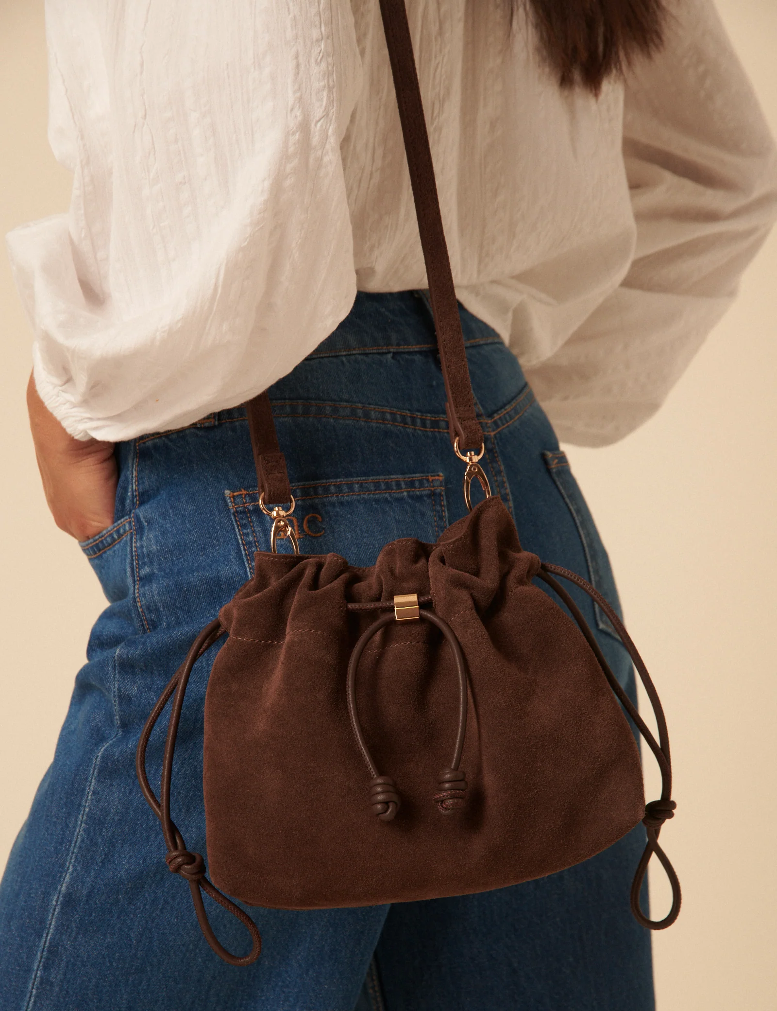 Brown Suede Drawstring Pouch Bag - Image 5