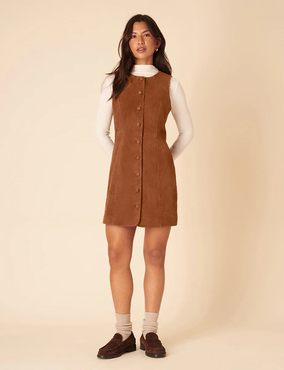 Brown Suede Eleanor Mini Pinafore Dress - Image 3