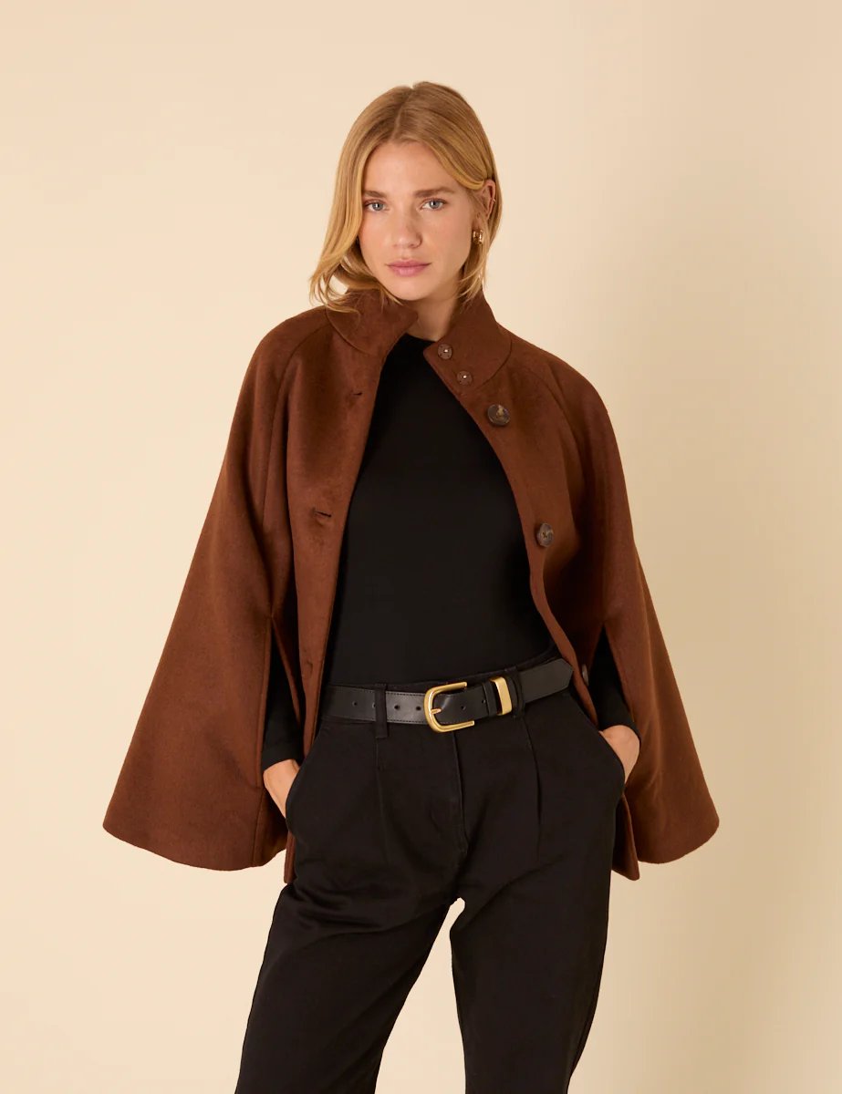 Brown Funnel Neck Cape Jacket - Image 3