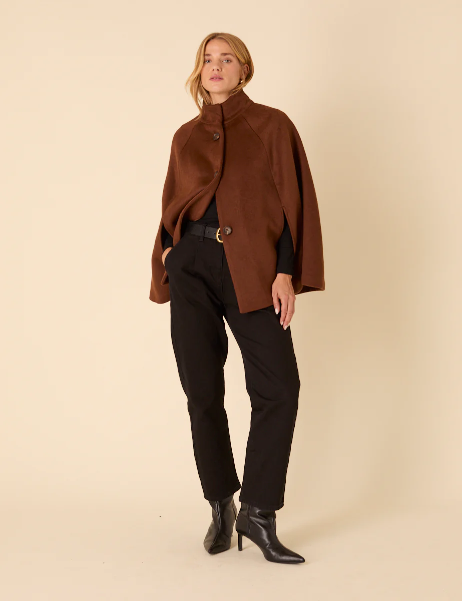Brown Funnel Neck Cape Jacket - Image 4